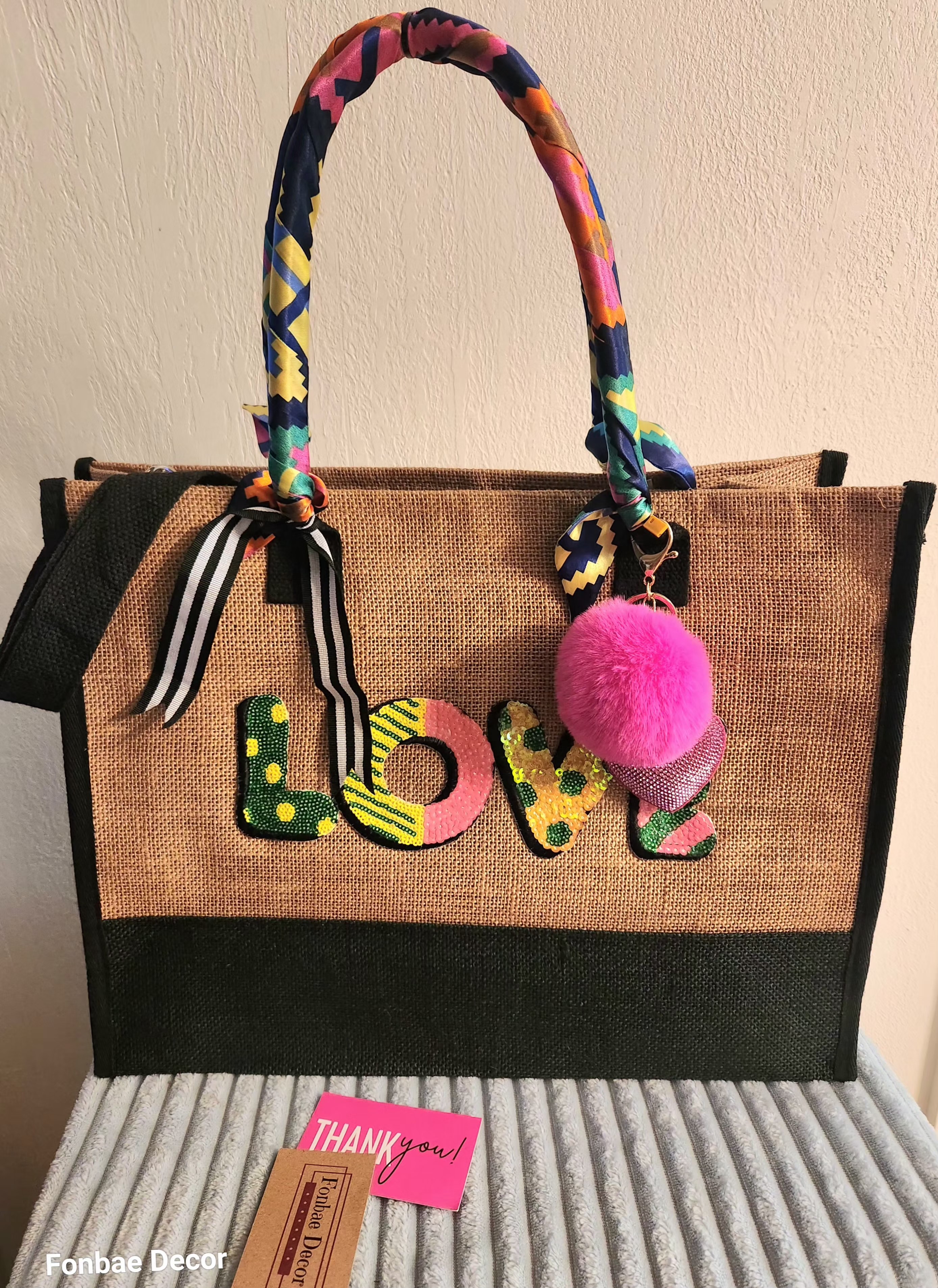 Jute tote bag with Love Sequin Embroidery Patch: