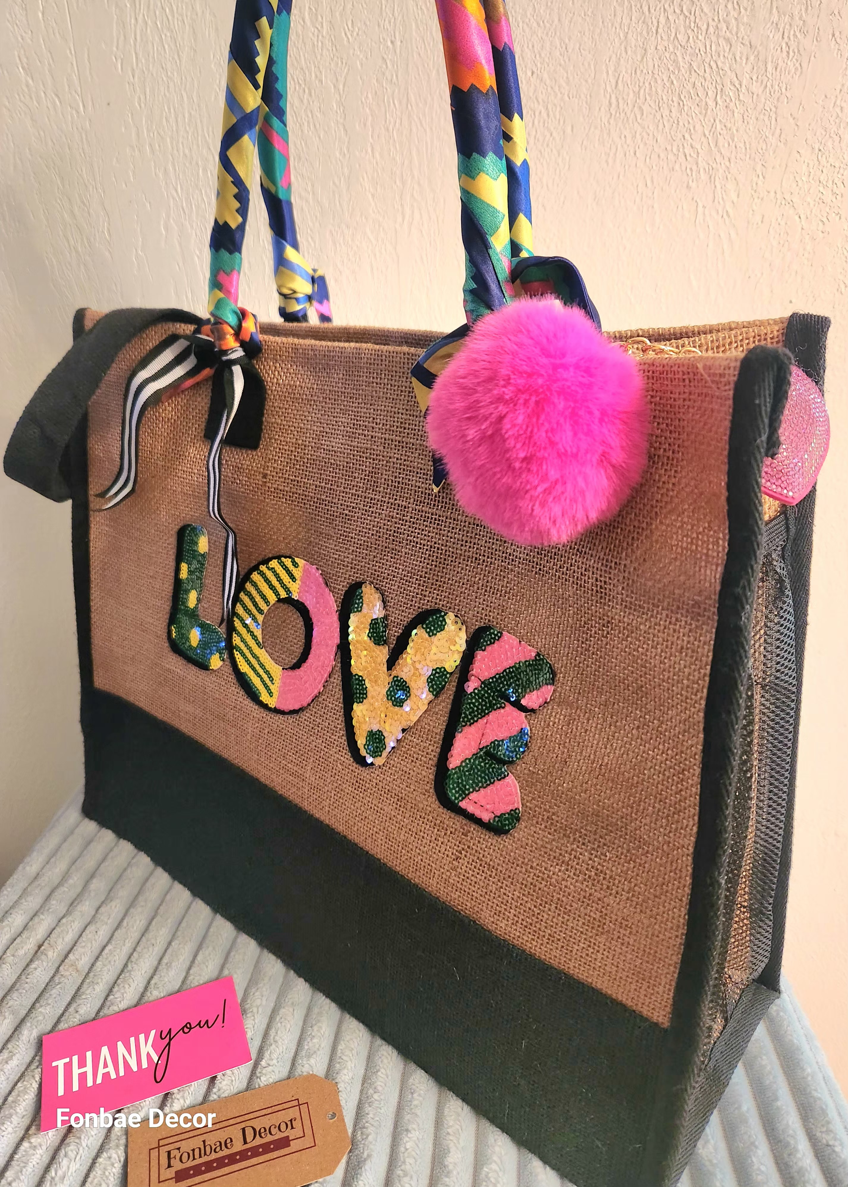 Jute tote bag with Love Sequin Embroidery Patch: