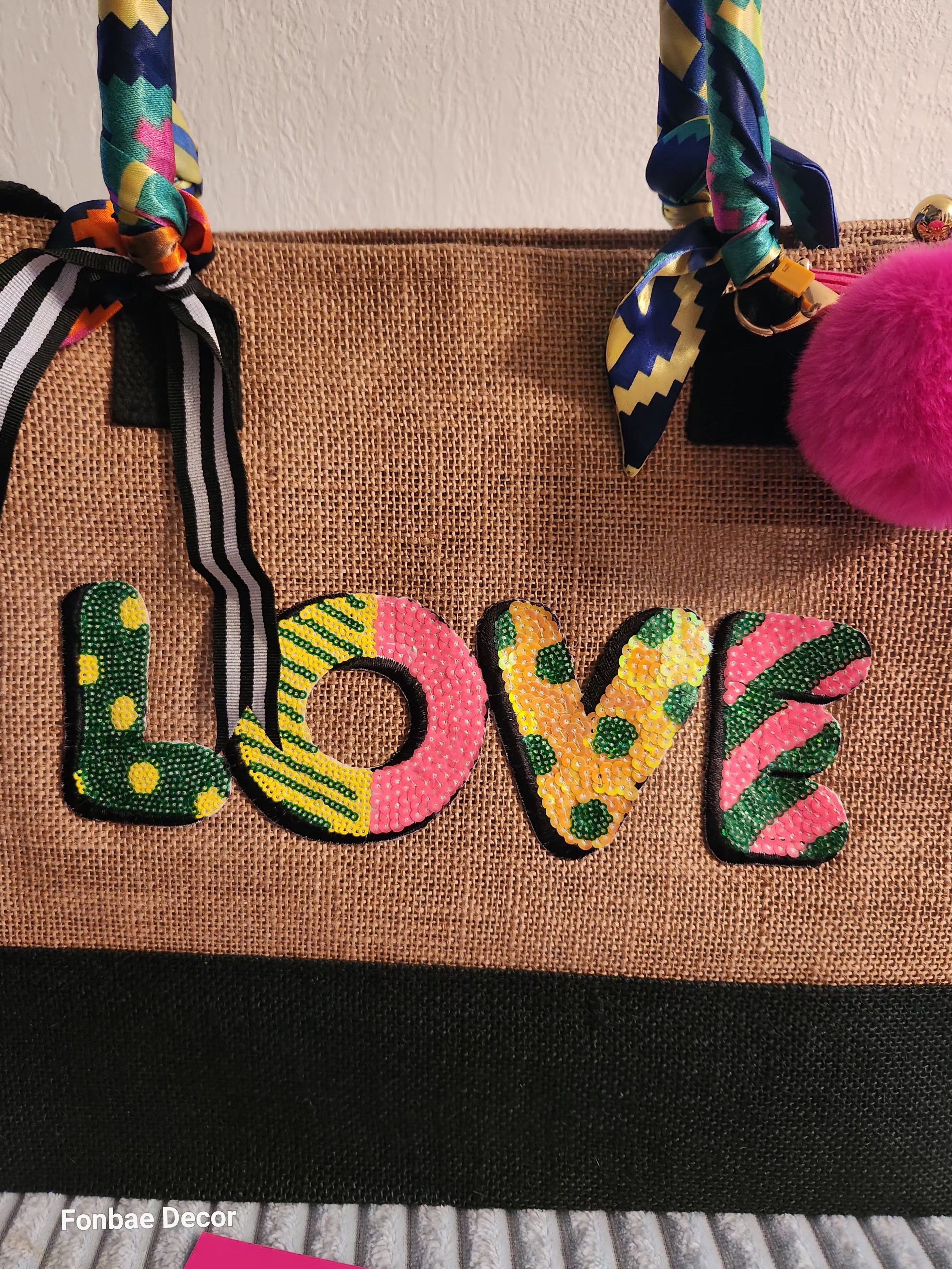 Jute tote bag with Love Sequin Embroidery Patch: