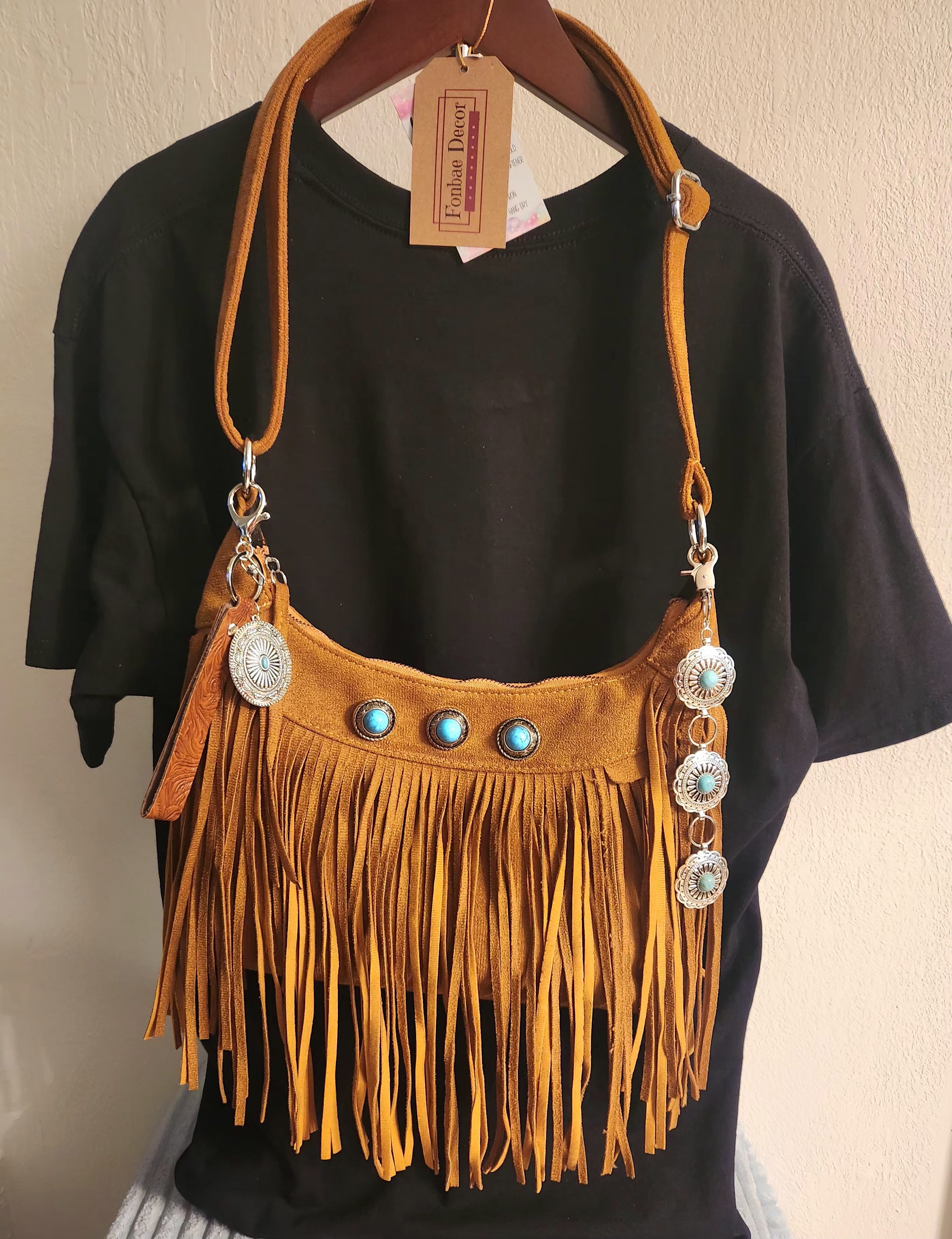 Brown Western Fringe Shoulder Purse with Bling 
