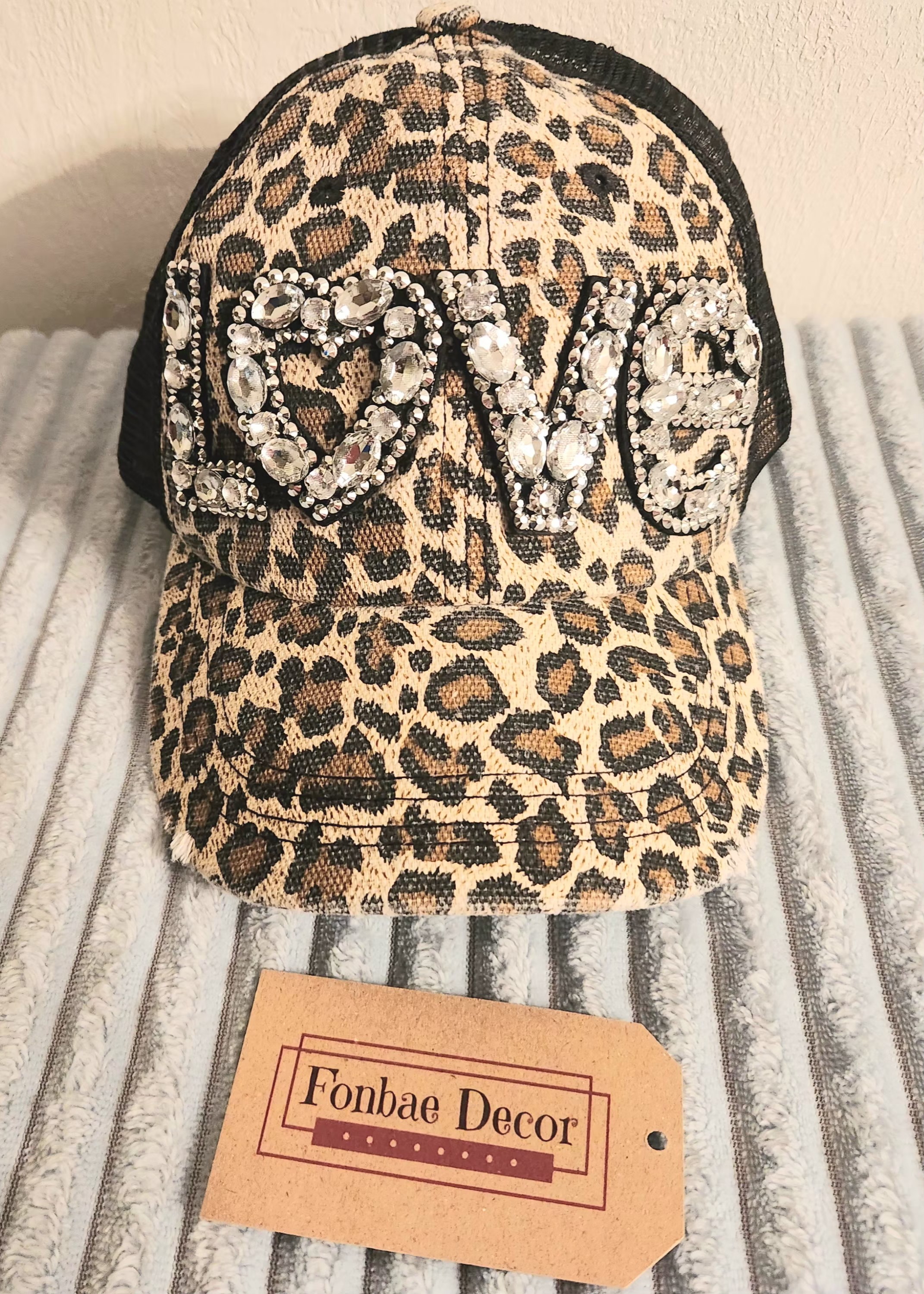 Leopard Print Trucker Cap: LOVE Rhinestone