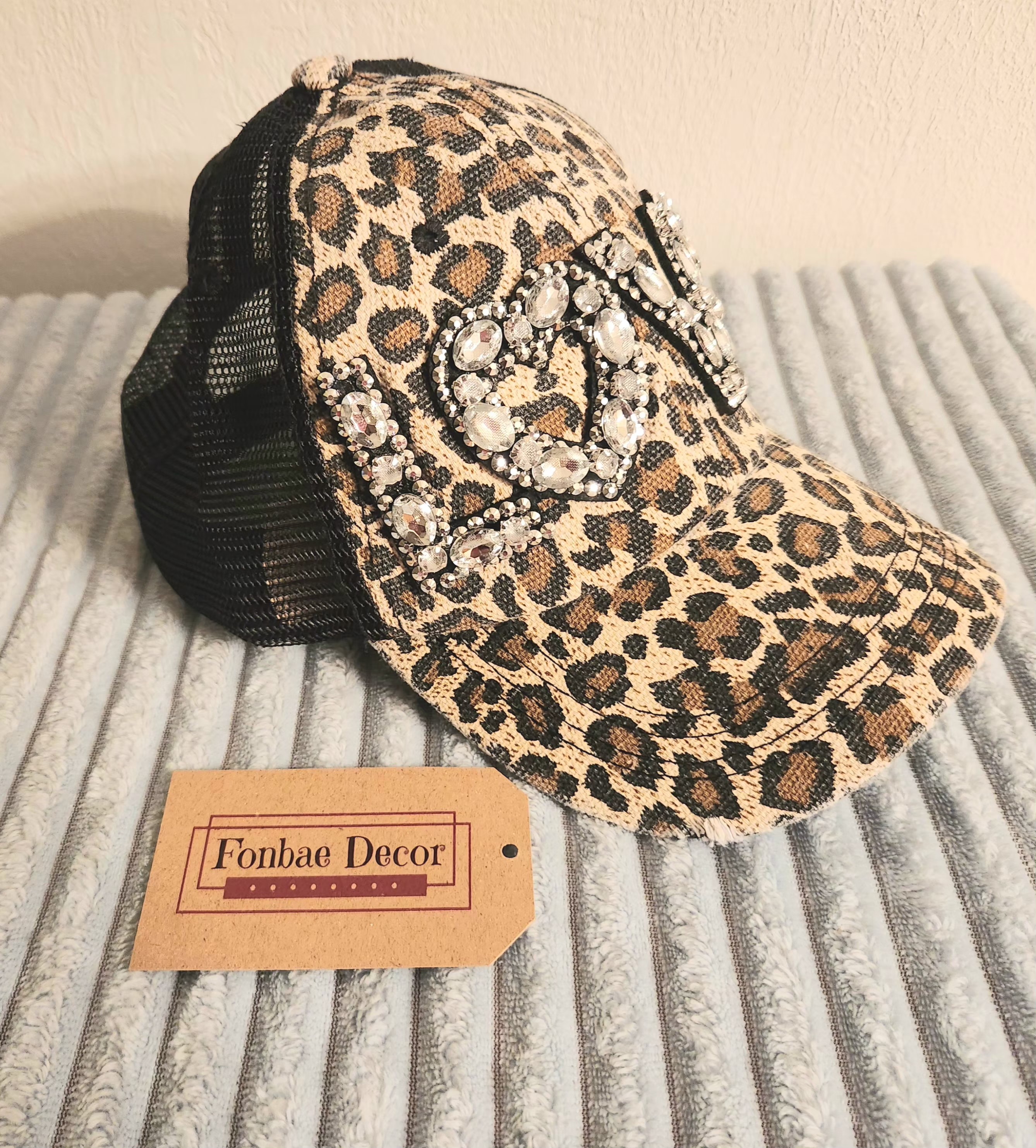 Leopard Print Trucker Cap: LOVE Rhinestone