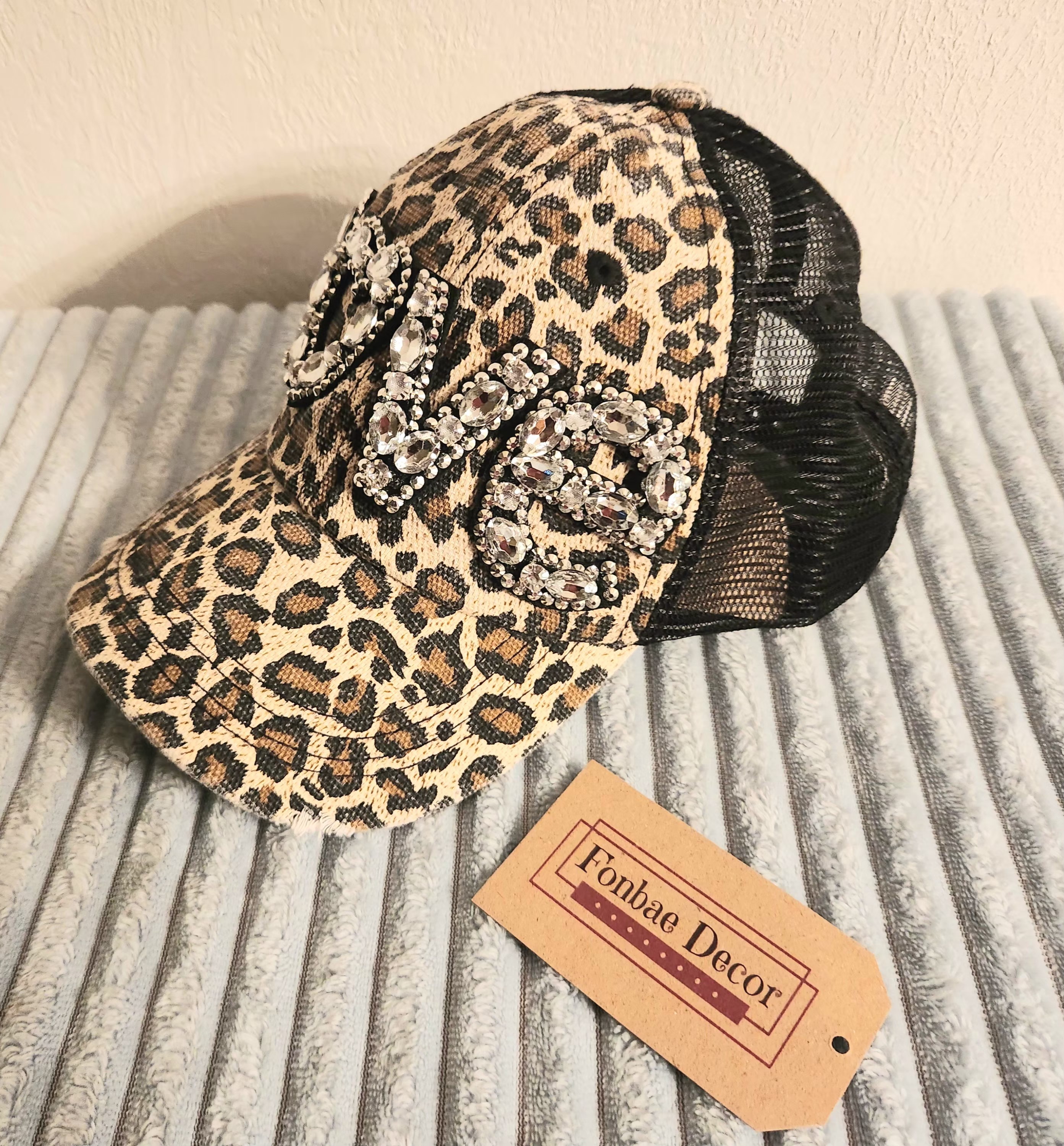 Leopard Print Trucker Cap: LOVE Rhinestone