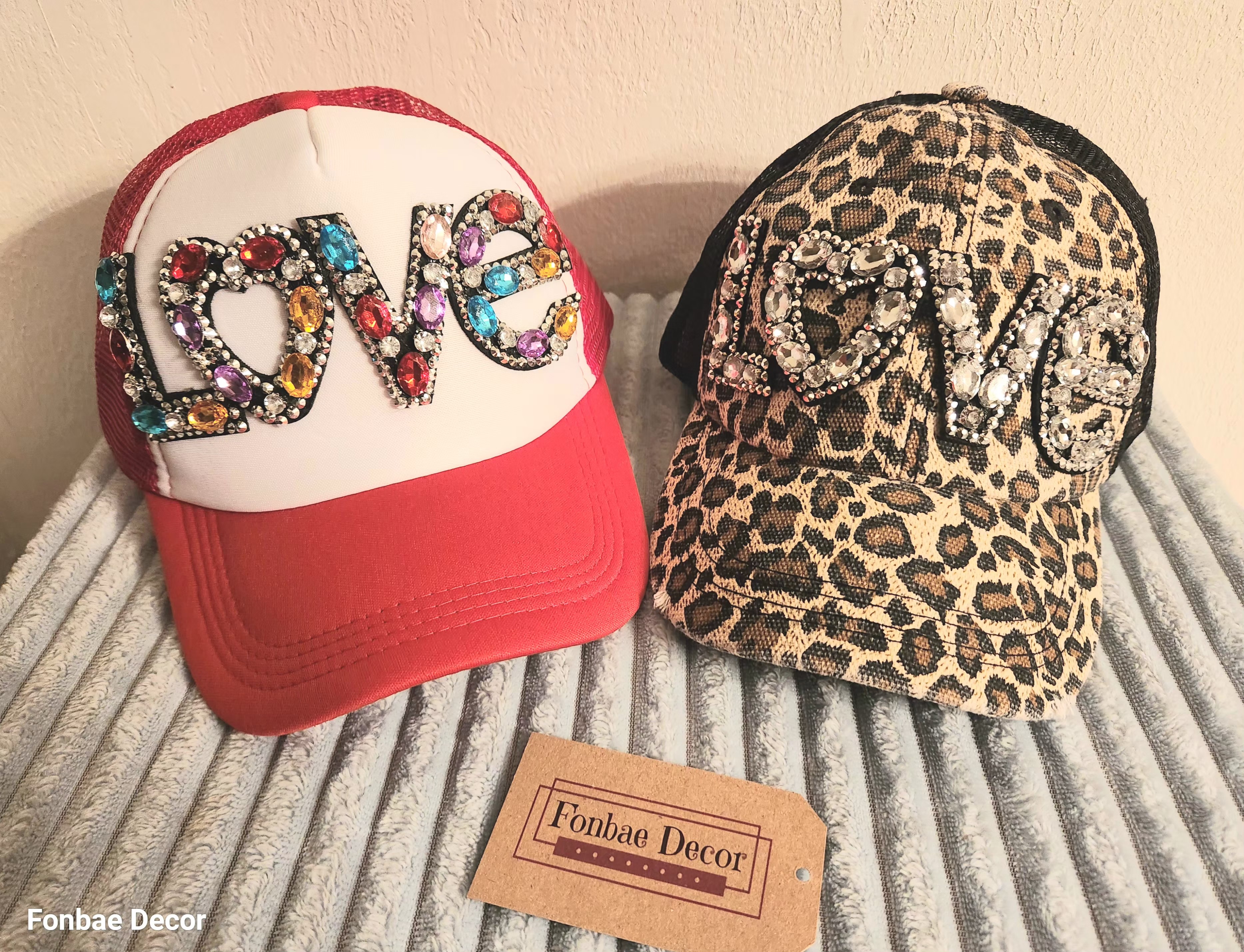 Leopard Print Trucker Cap: LOVE Rhinestone