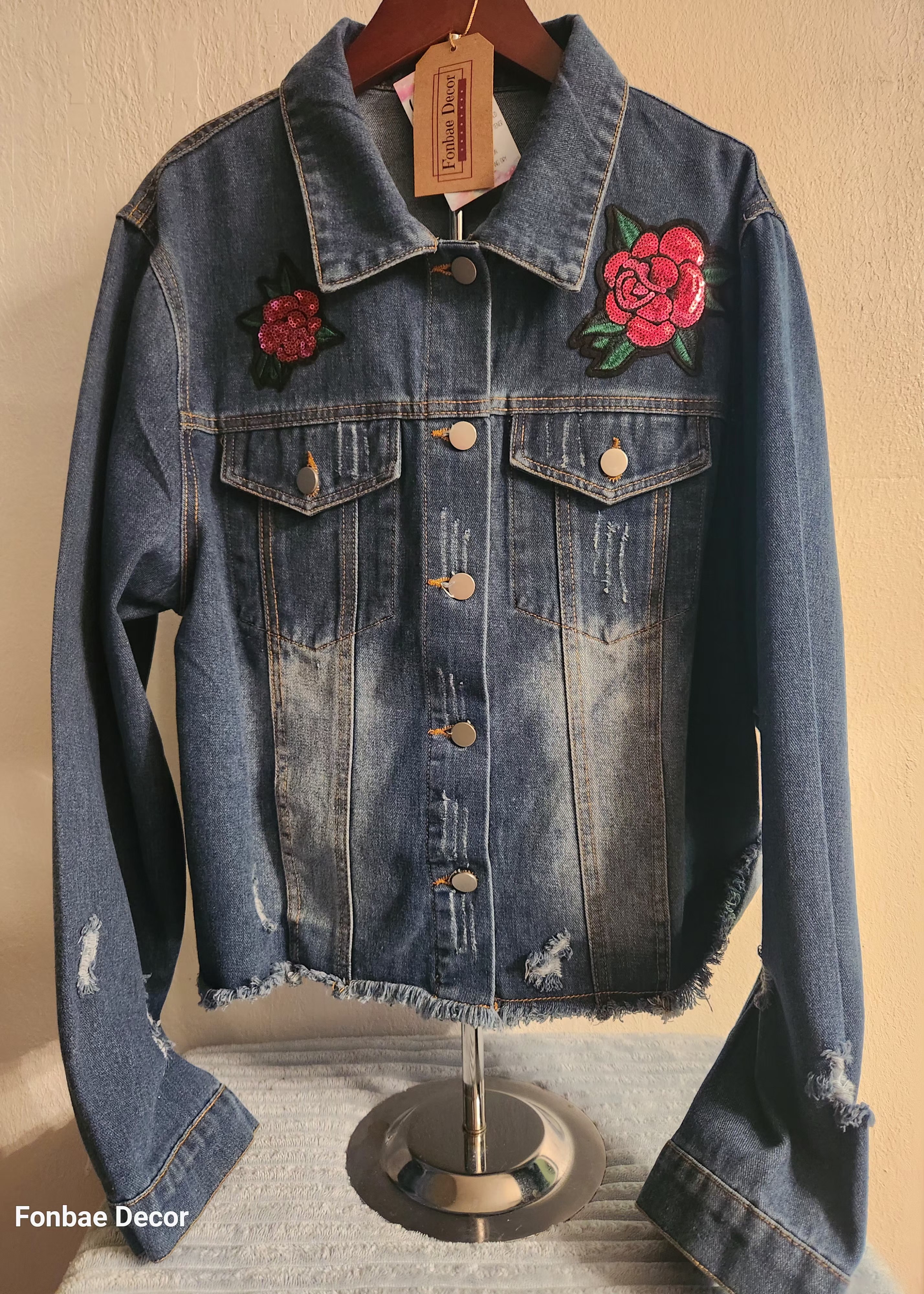 Denim Jacket with Floral Rose Patches