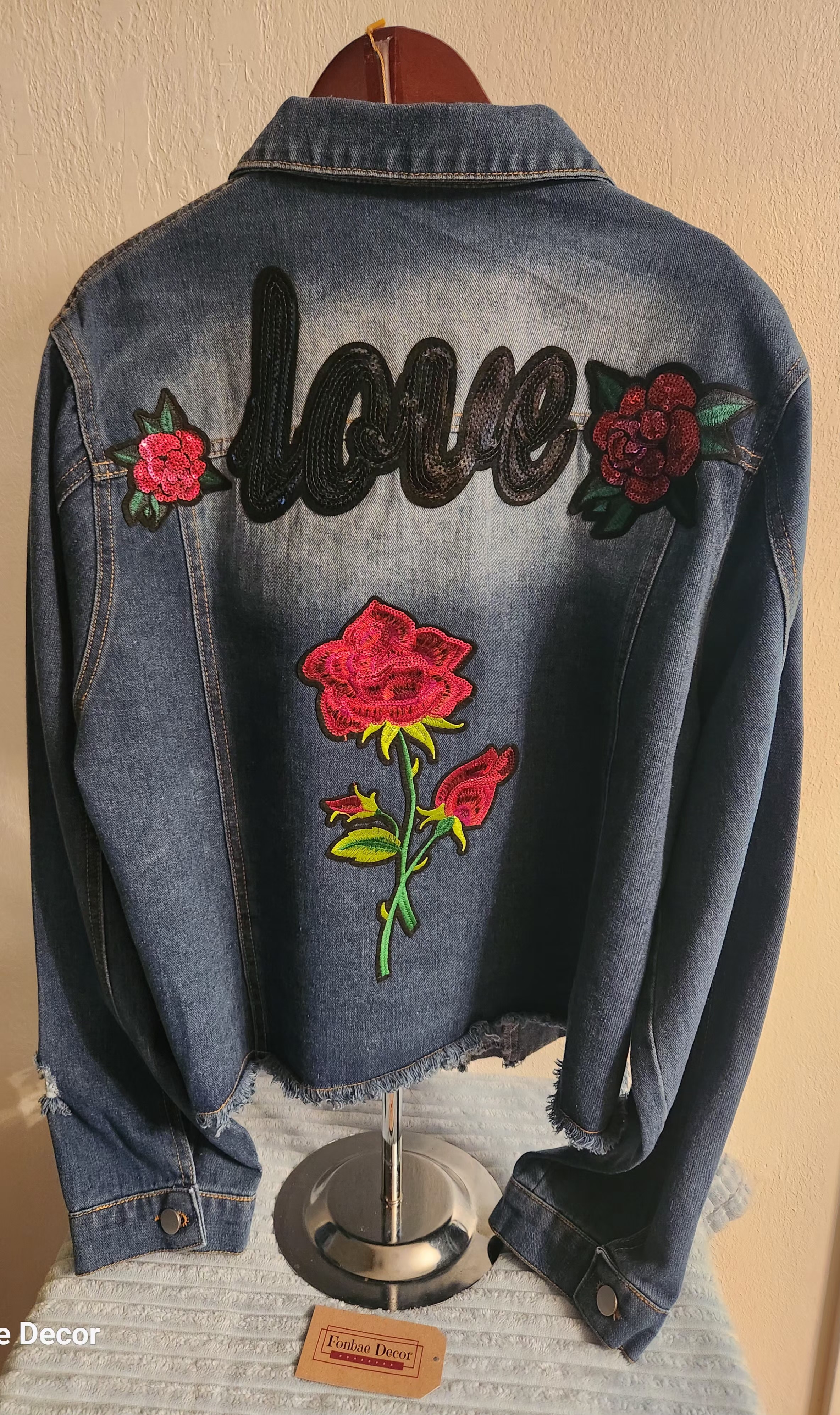 Denim Jacket with Floral Rose Patches