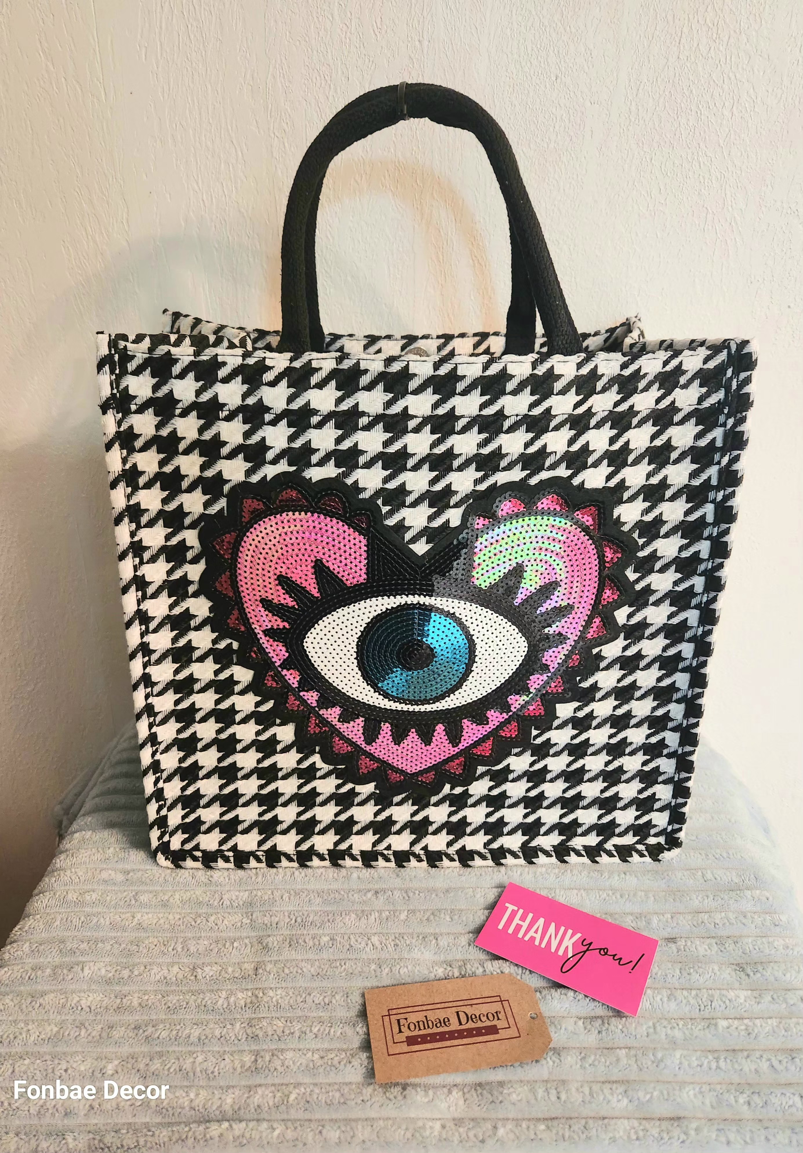 Fashion Sequin Heart Houndstooth Tote Bag