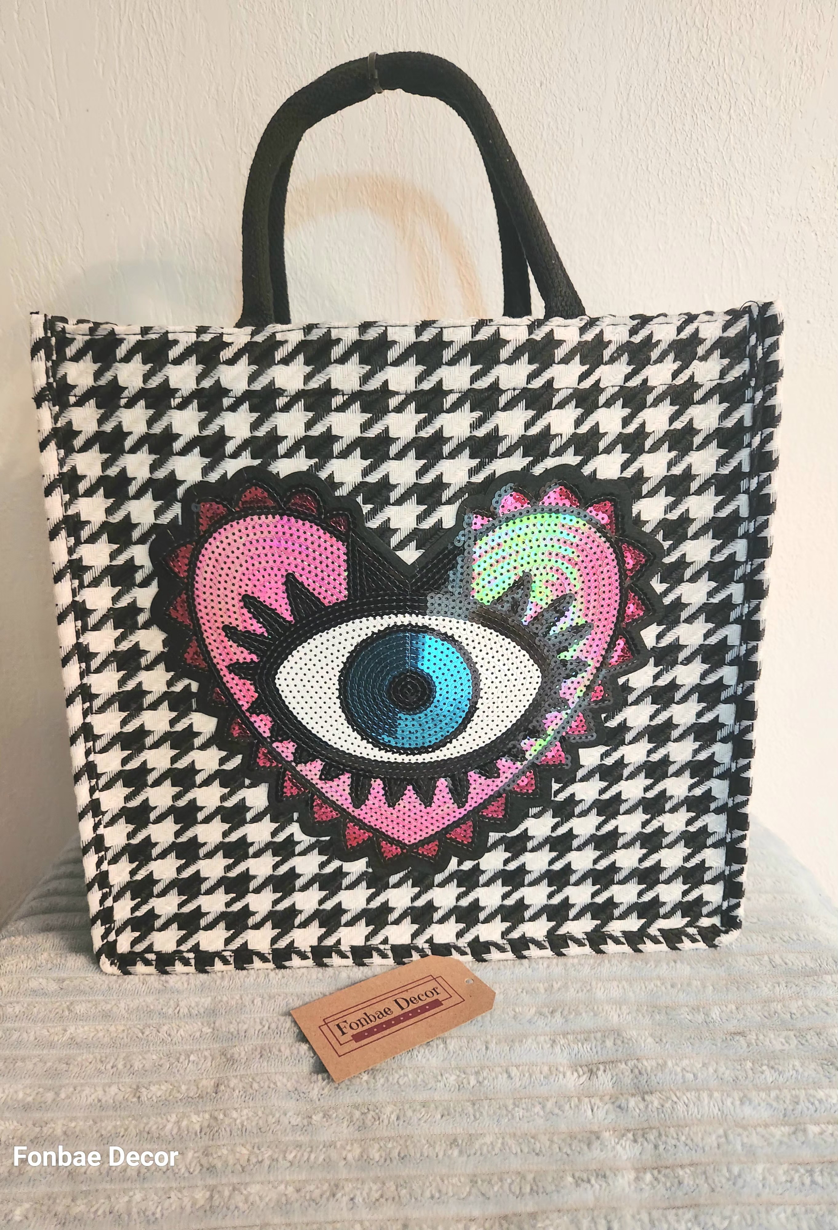 Fashion Sequin Heart Houndstooth Tote Bag