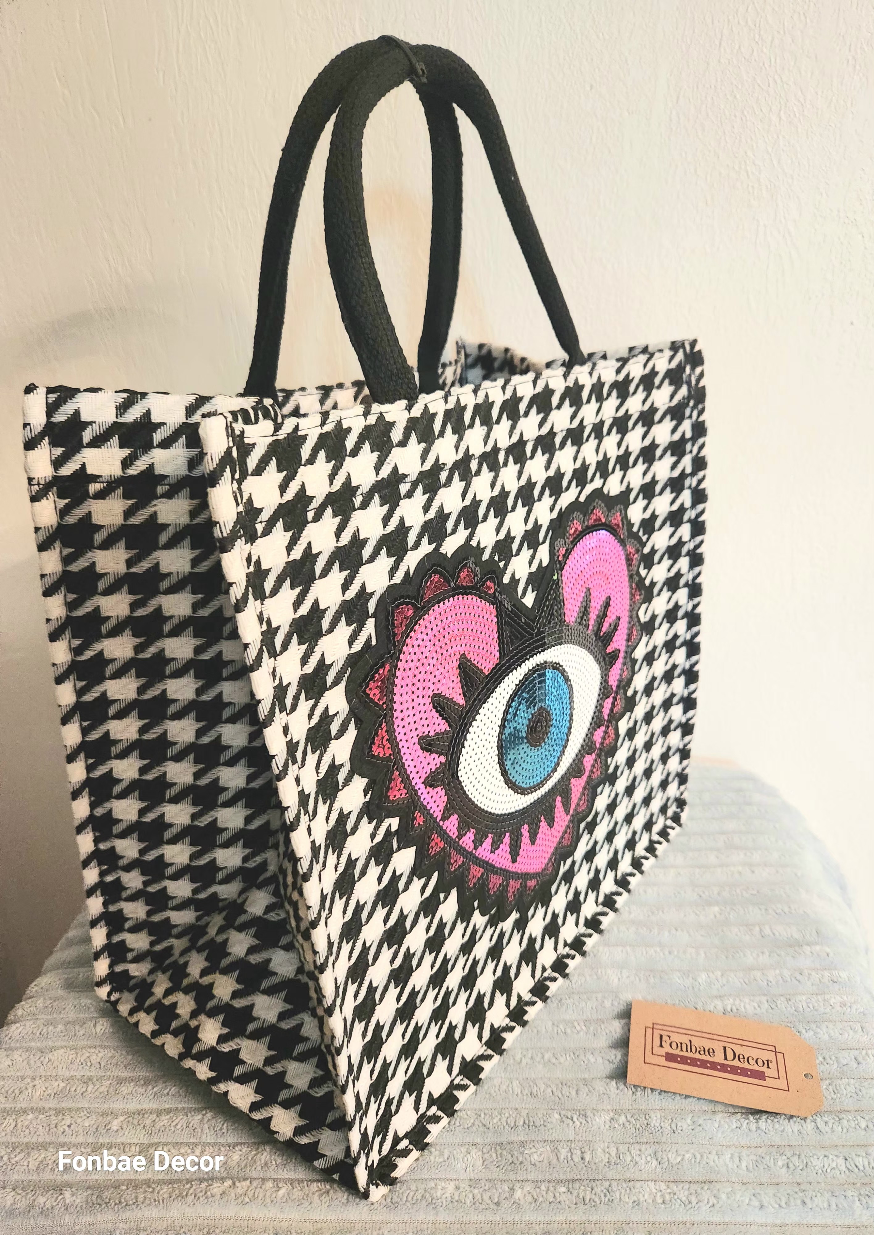 Fashion Sequin Heart Houndstooth Tote Bag