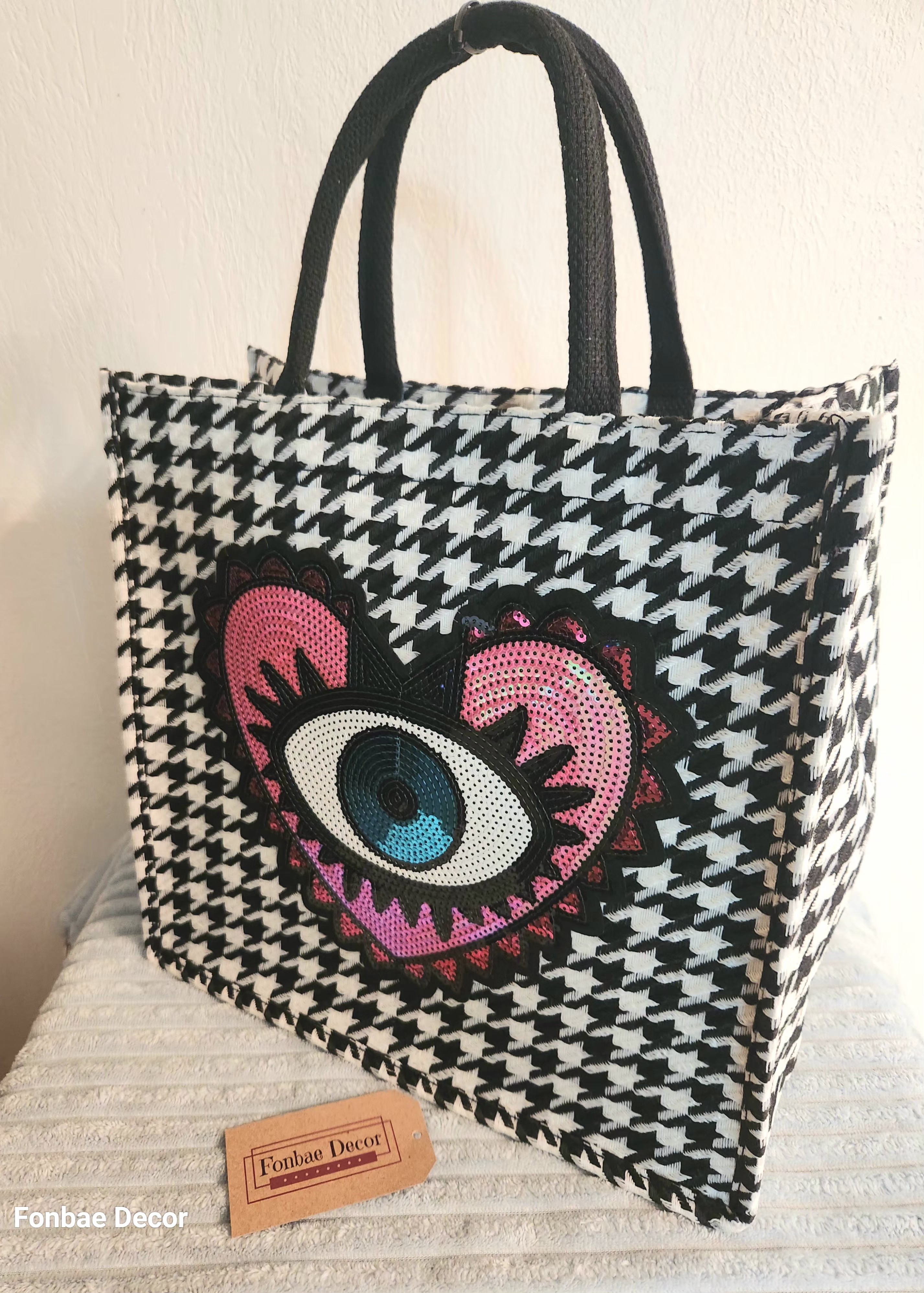 Fashion Sequin Heart Houndstooth Tote Bag