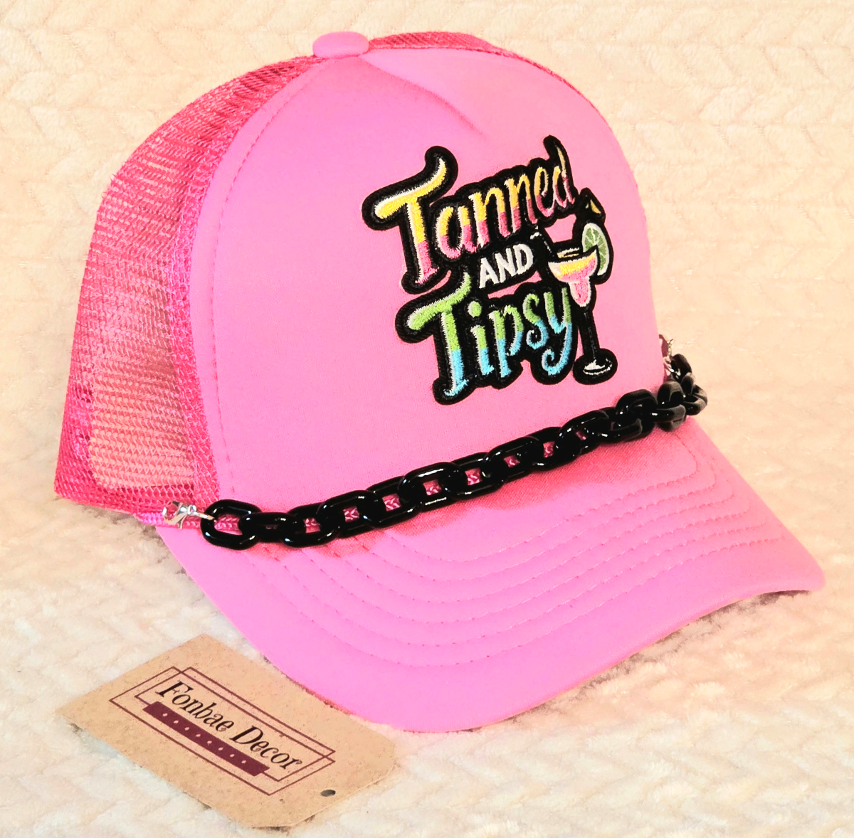 Tanned & Tipsy Pink Trucker Cap with Black Chain