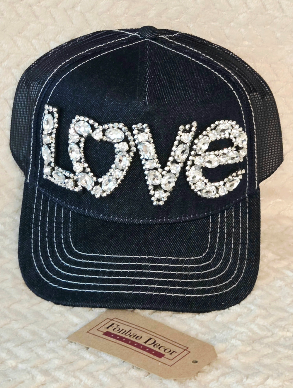  Love Rhinestone Denim Trucker Cap