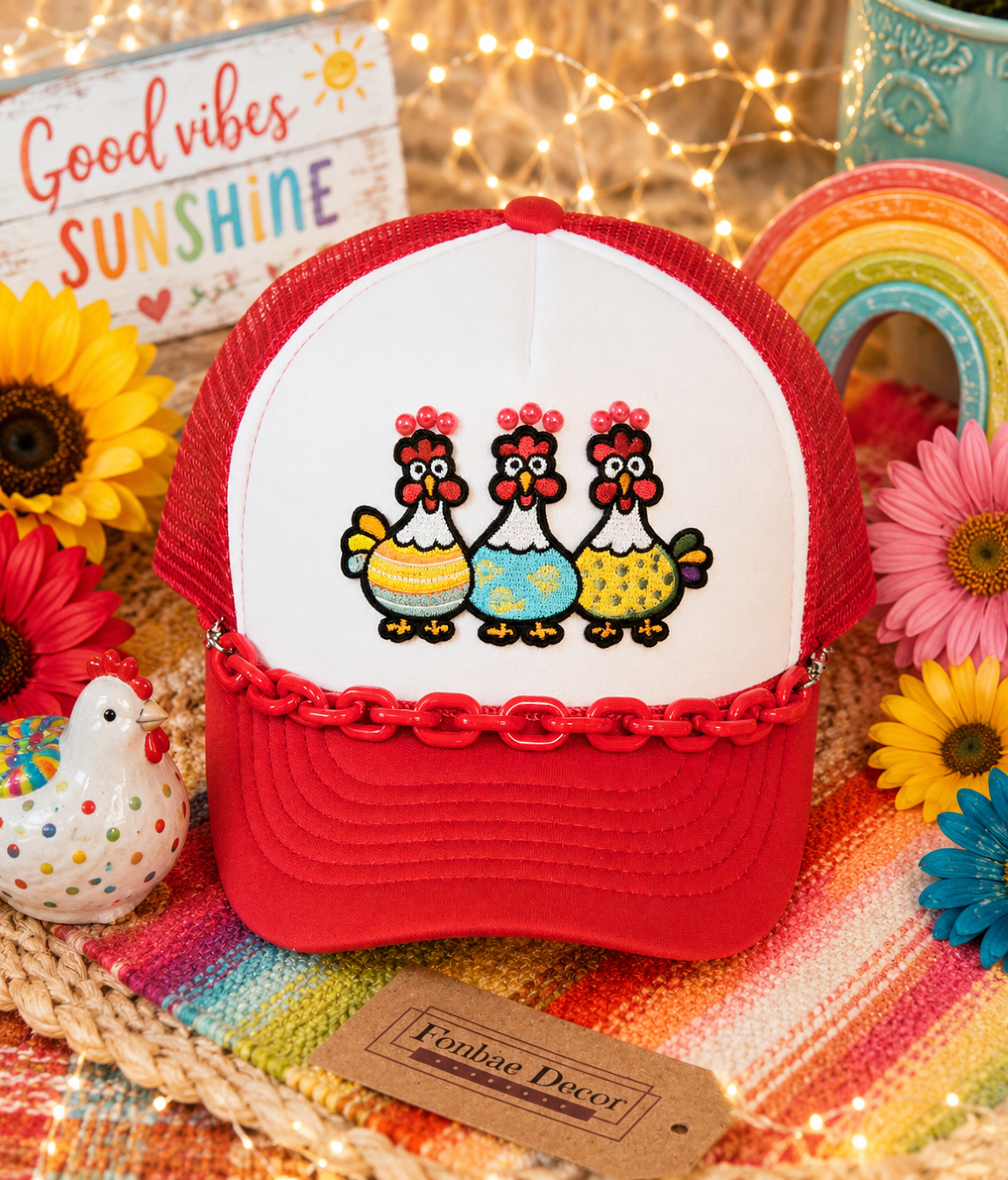 Three Chickens Red Trucker Cap