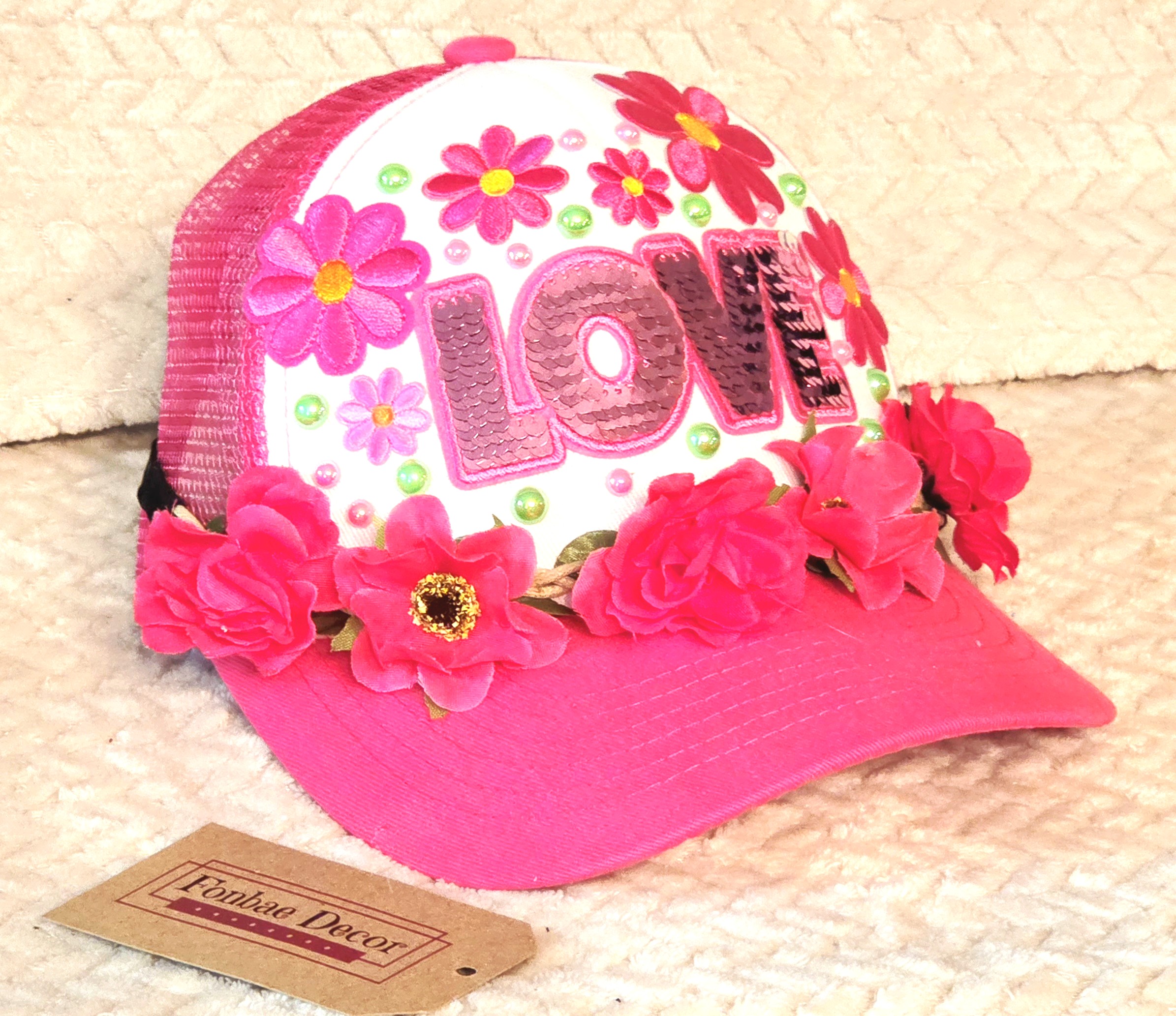 Pink Flower Trucker Cap with Rhinestones