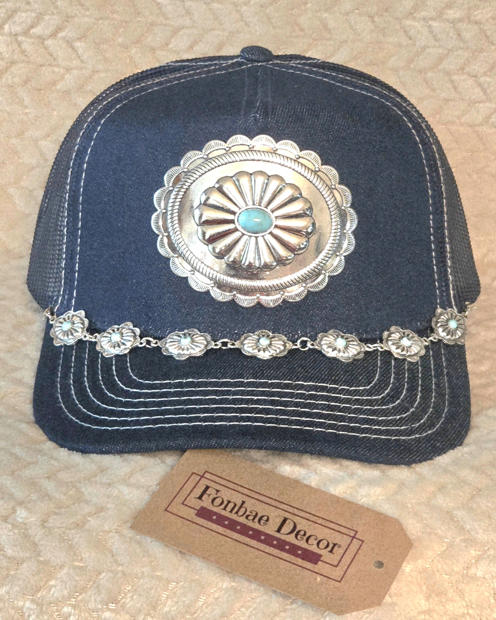 Western Turquoise Denim Trucker Cap
