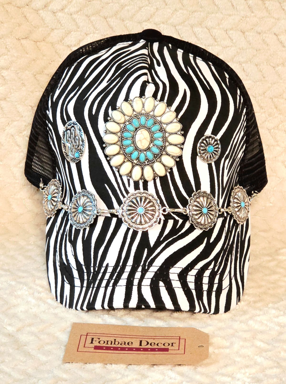 Zebra Trucker Cap with Western Metal Artwork: