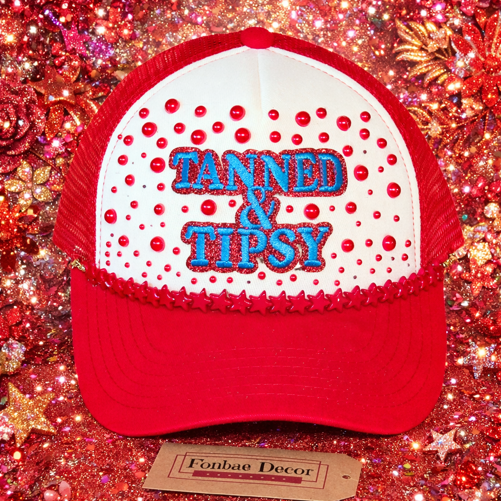 Tanned & Tipsy Red Trucker Cap with Red Pearls