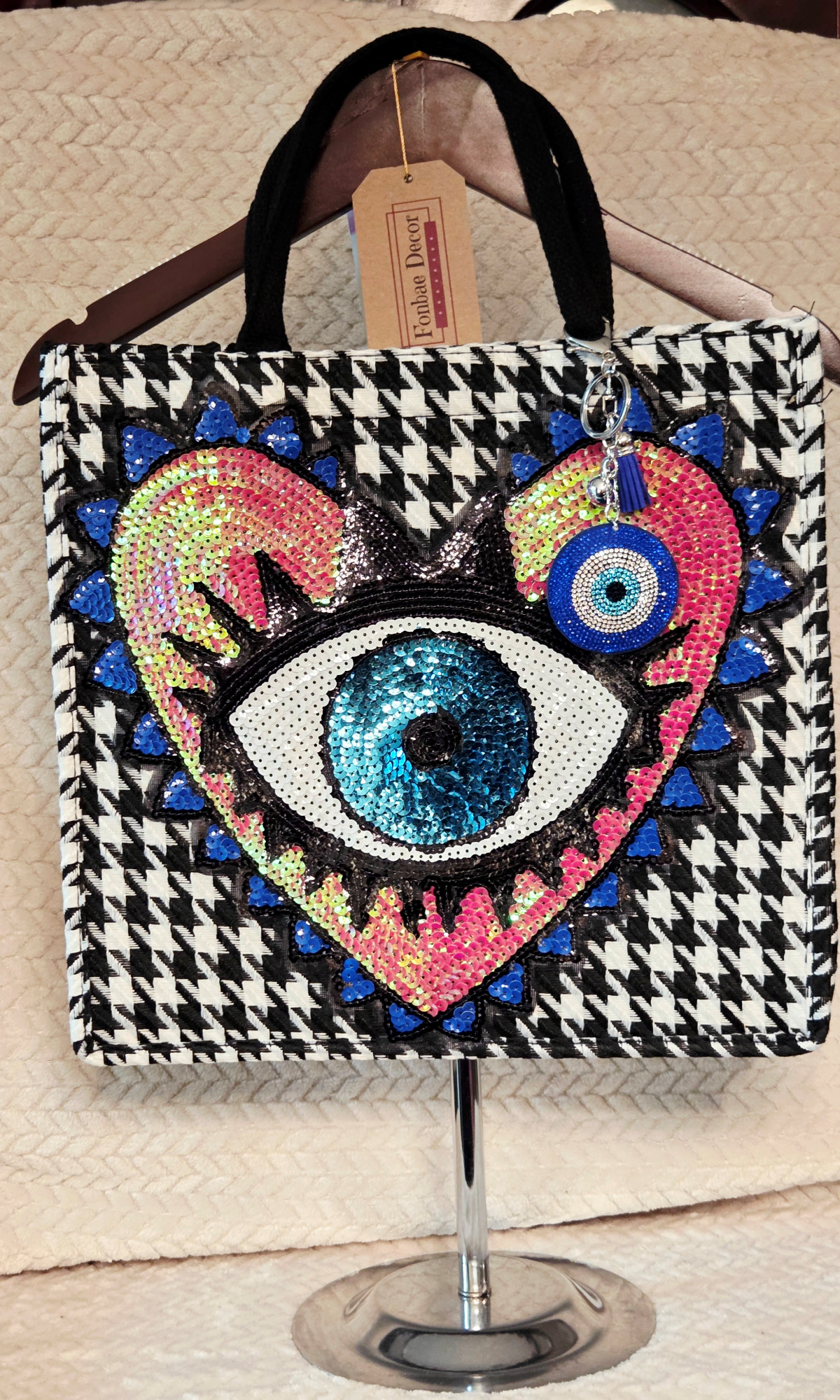 Houndstooth Plaid Tote Handbag with Heart Evil Eye Sequin Logo