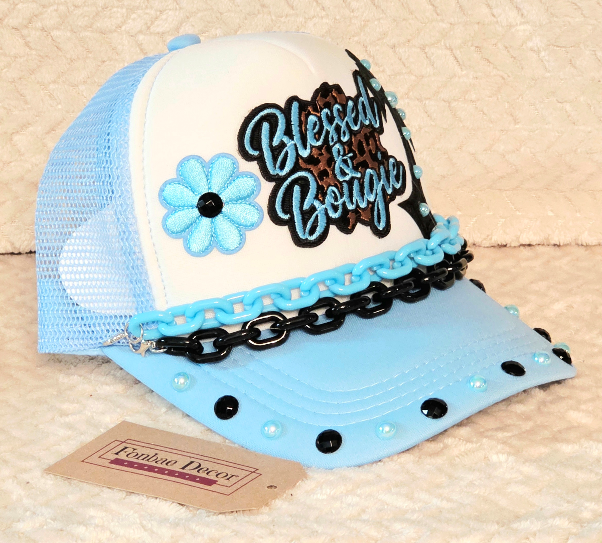 Blue Trucker Cap with Blessed and Bougie patch