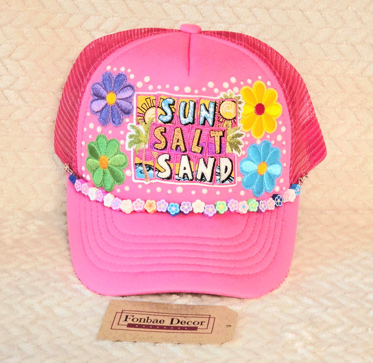 Pink Trucker Cap with Sun, Salt & Sand & Flower Patches