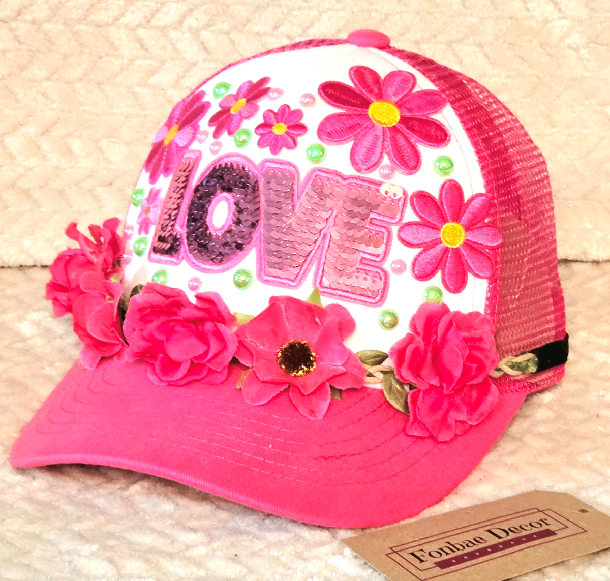 Pink Flower Trucker Cap with Rhinestones