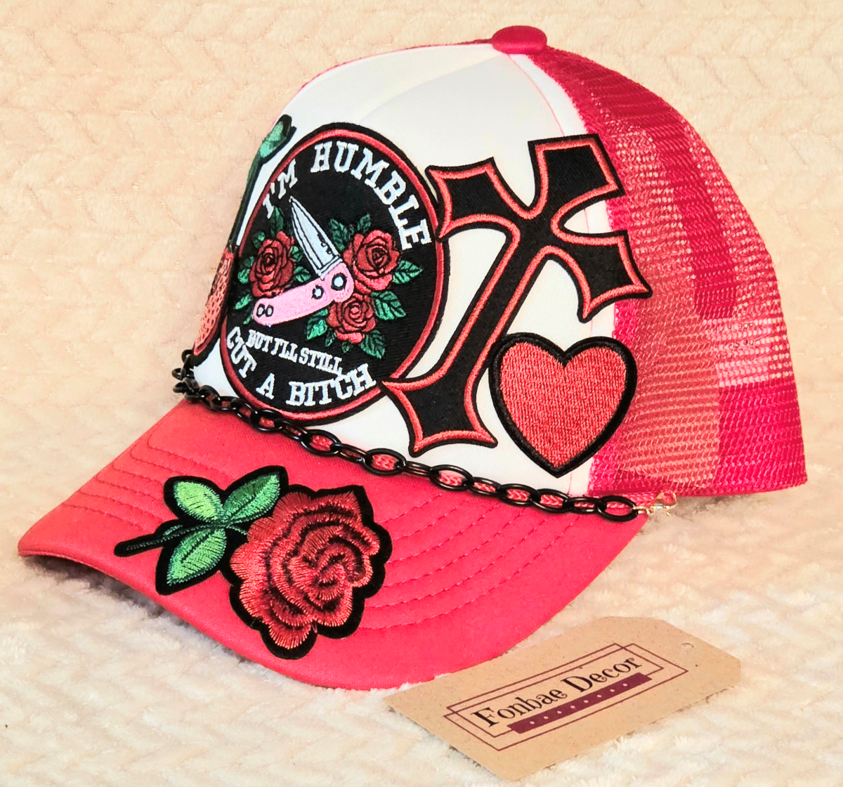 Red Trucker Cap with Explicit and Rose patches