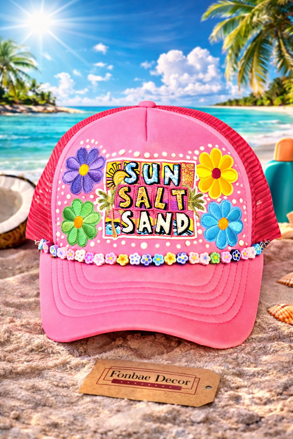 Pink Trucker Cap with Sun, Salt & Sand & Flower Patches