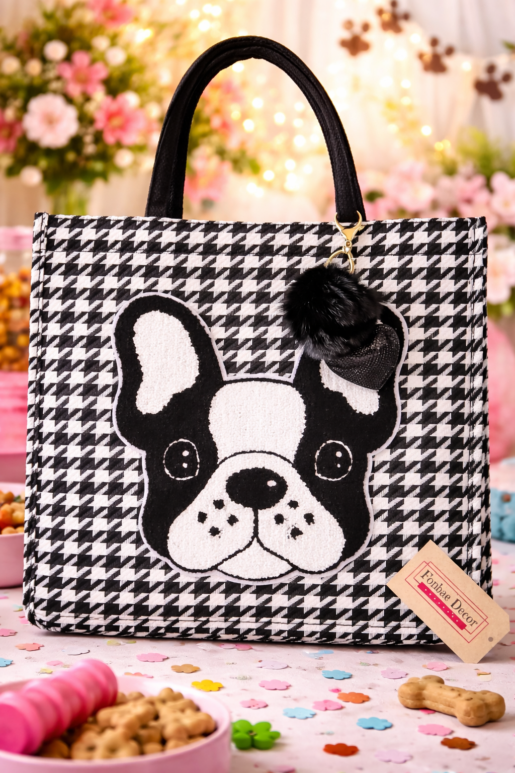 Houndstooth Plaid Tote Handbag with Boston Terrier Dog Patch