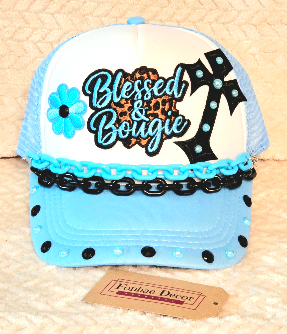 Blue Trucker Cap with Blessed and Bougie patch