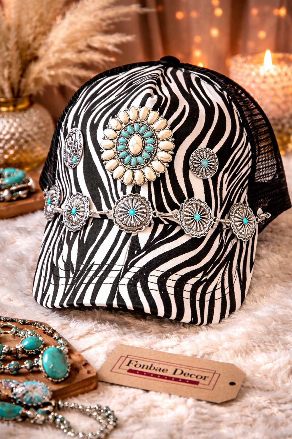 Zebra Trucker Cap with Western Metal Artwork:
