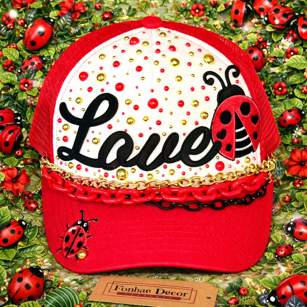 Red Trucker Cap with Love and Ladybug patches