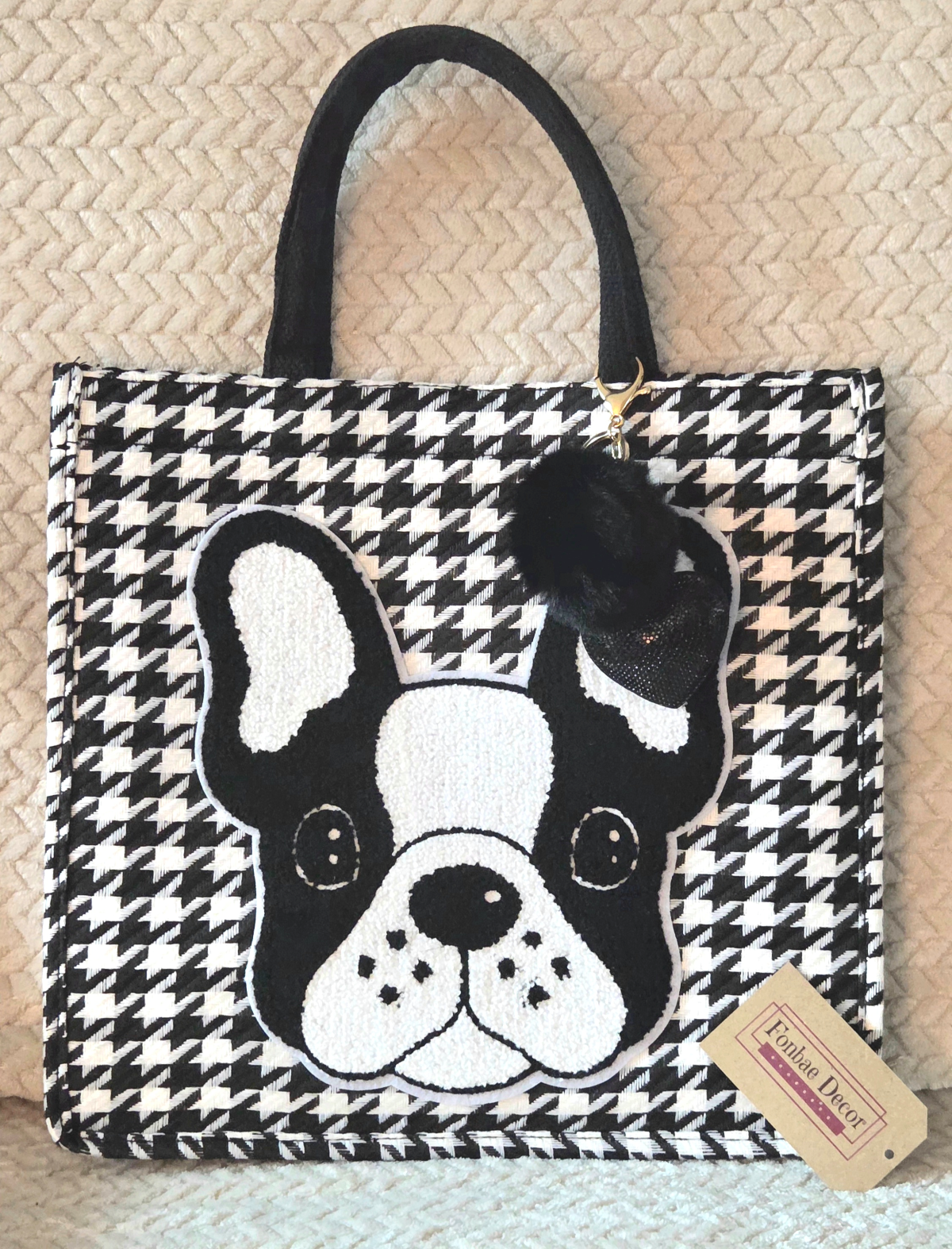 Houndstooth Plaid Tote Handbag with Boston Terrier Dog Patch