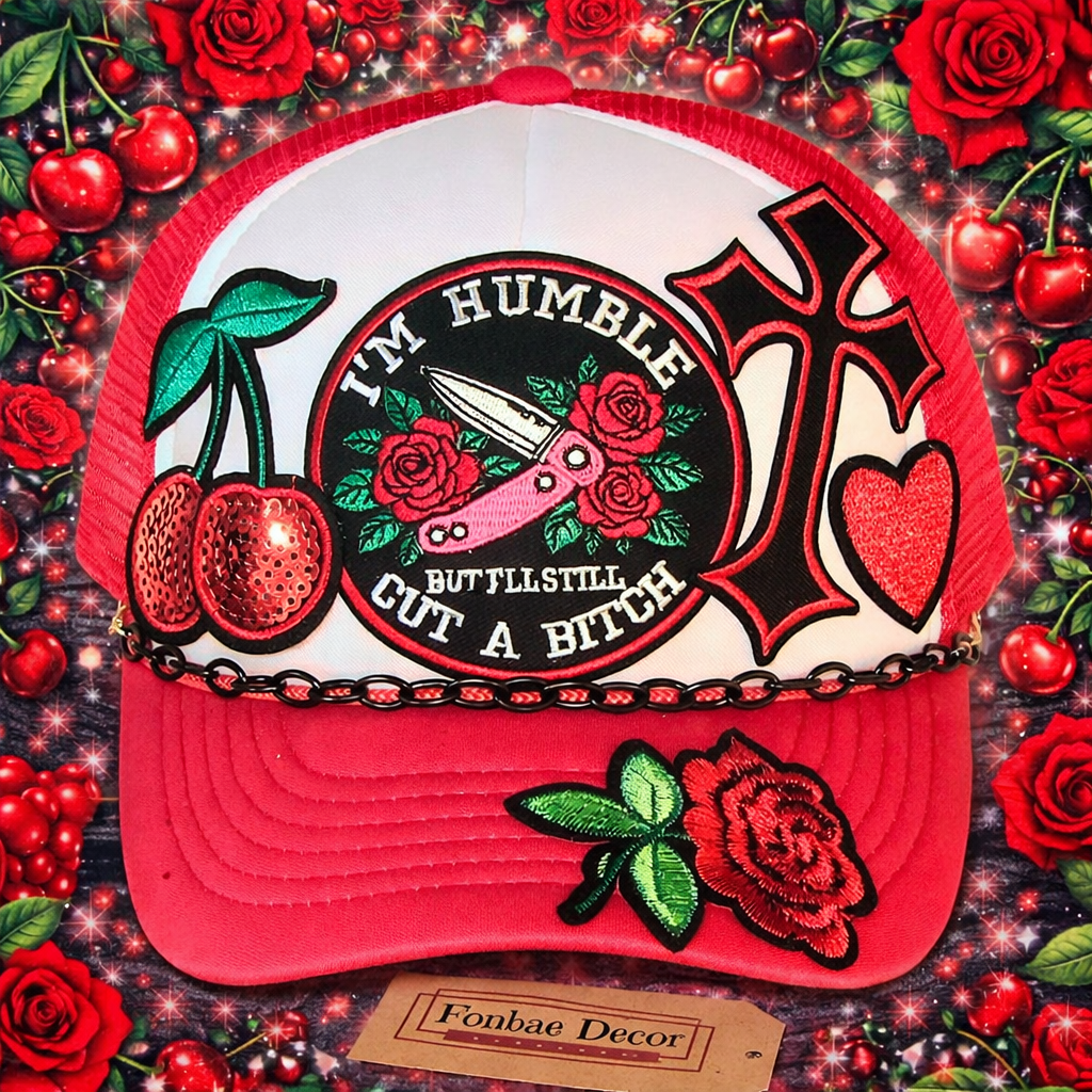 Red Trucker Cap with Explicit and Rose patches