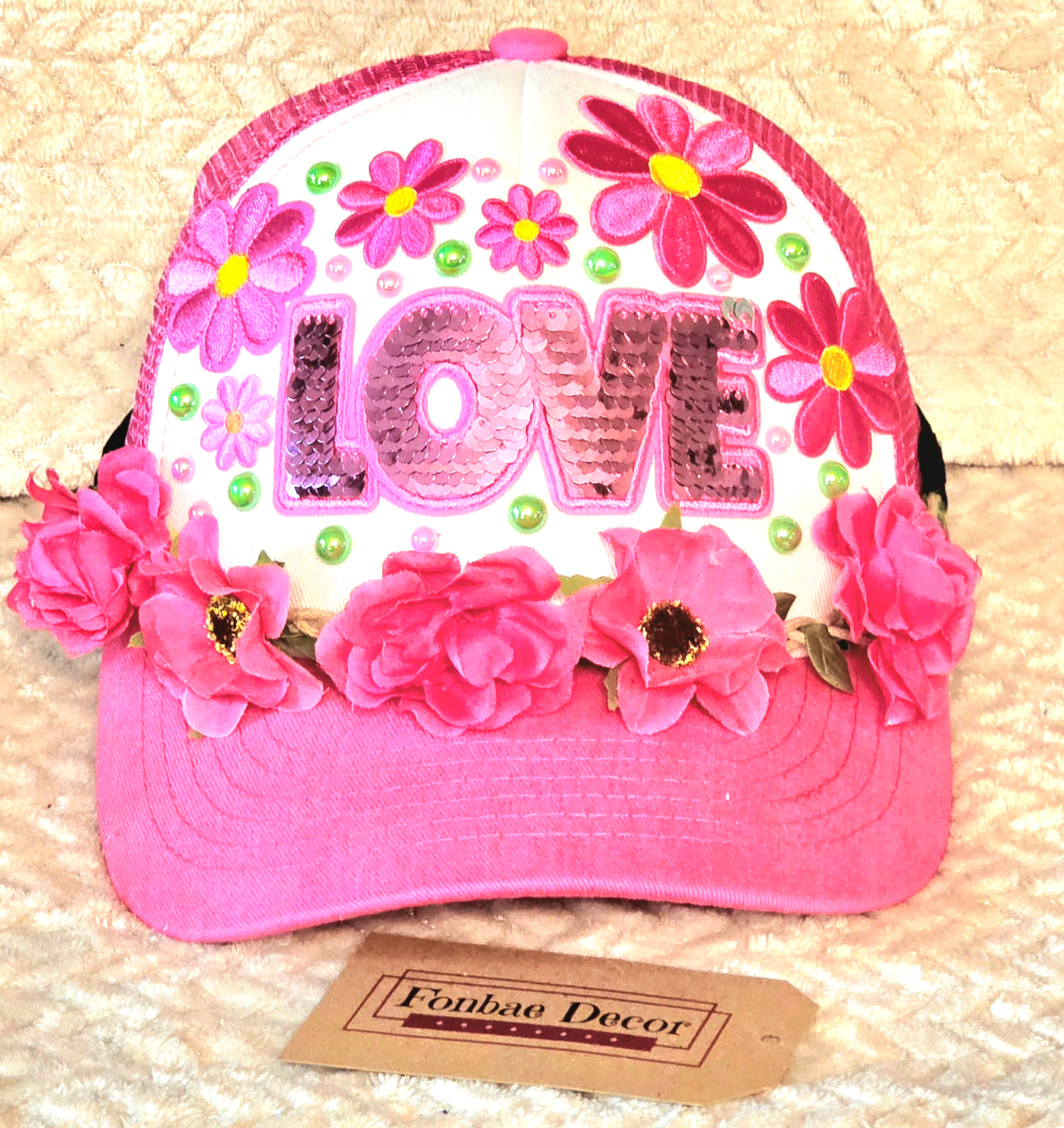 Pink Flower Trucker Cap with Rhinestones