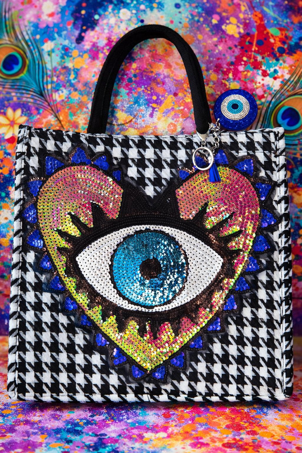 Houndstooth Plaid Tote Handbag with Heart Evil Eye Sequin Logo