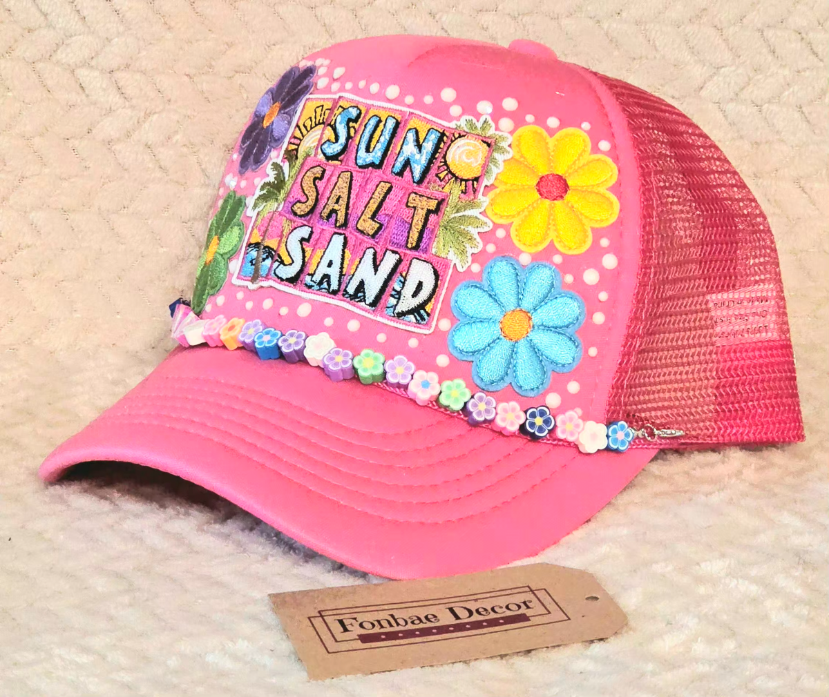 Pink Trucker Cap with Sun, Salt & Sand & Flower Patches