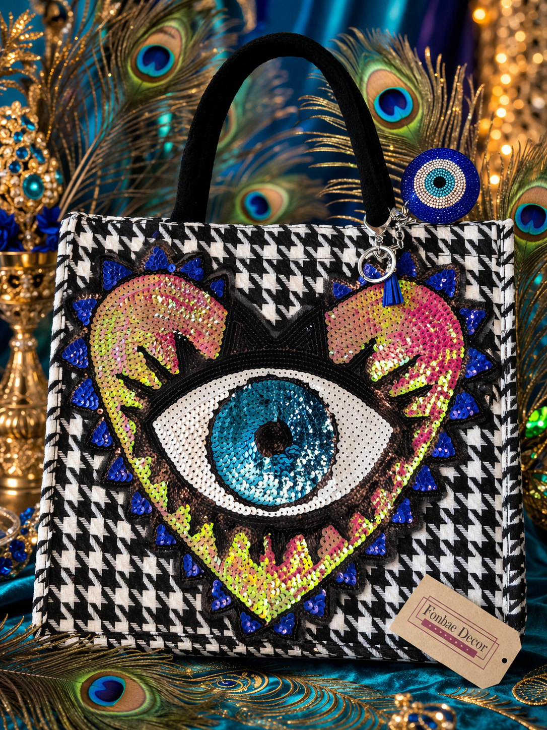 Houndstooth Plaid Tote Handbag with Heart Evil Eye Sequin Logo