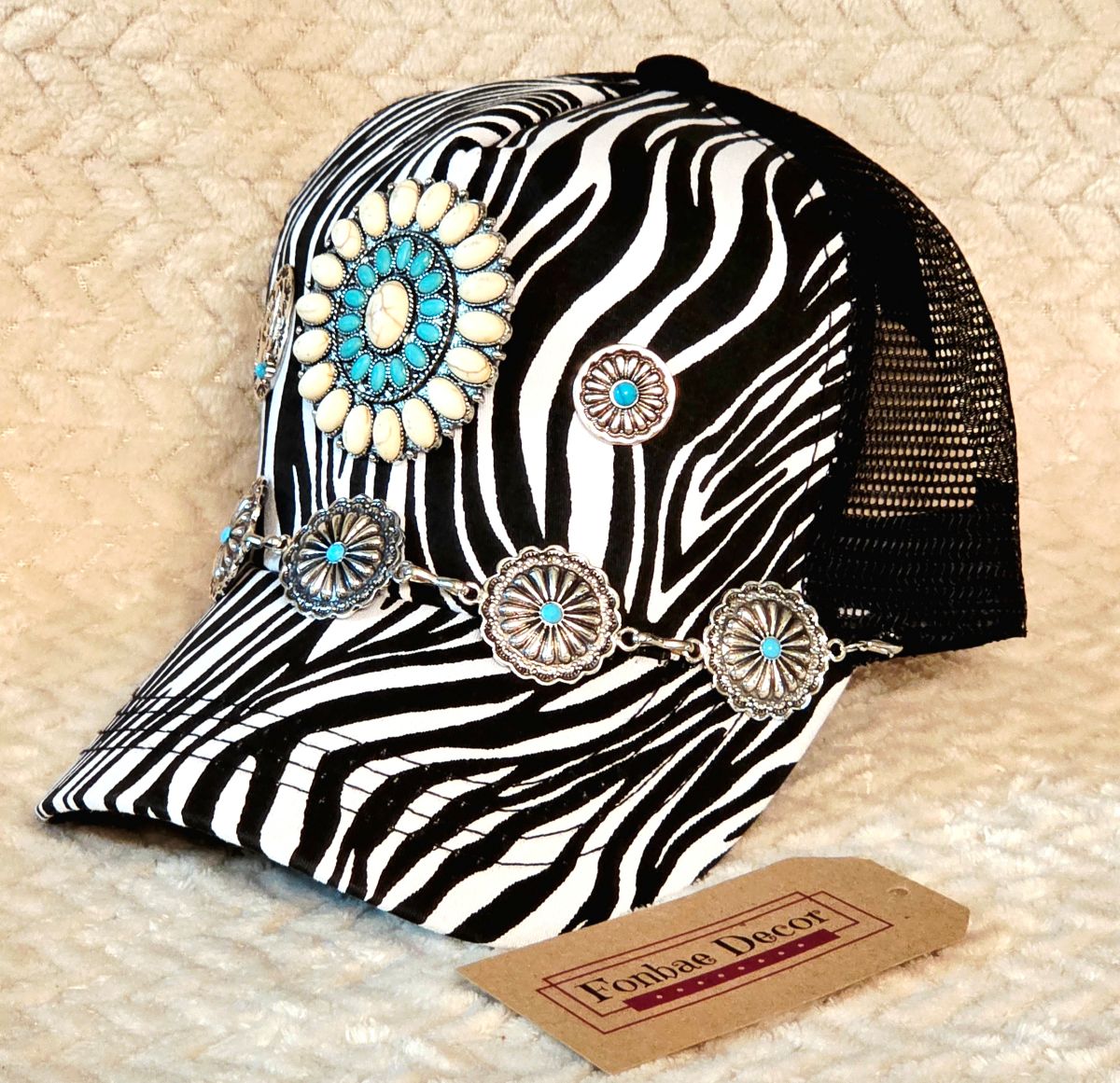 Zebra Trucker Cap with Western Metal Artwork: