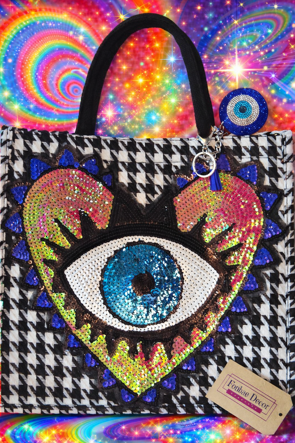 Houndstooth Plaid Tote Handbag with Heart Evil Eye Sequin Logo