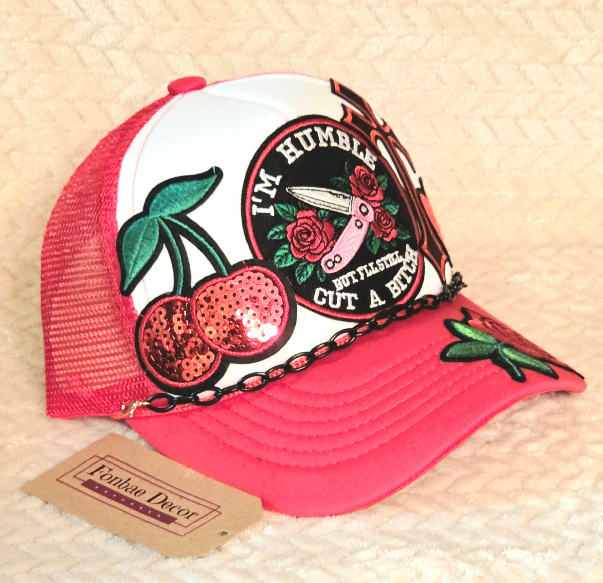 Red Trucker Cap with Explicit and Rose patches