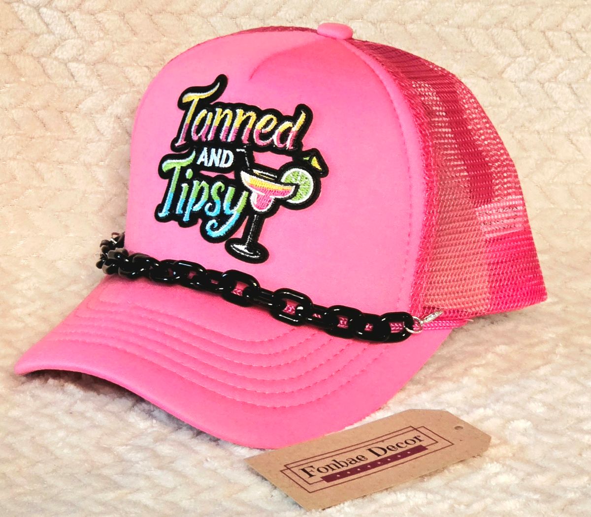 Tanned & Tipsy Pink Trucker Cap with Black Chain