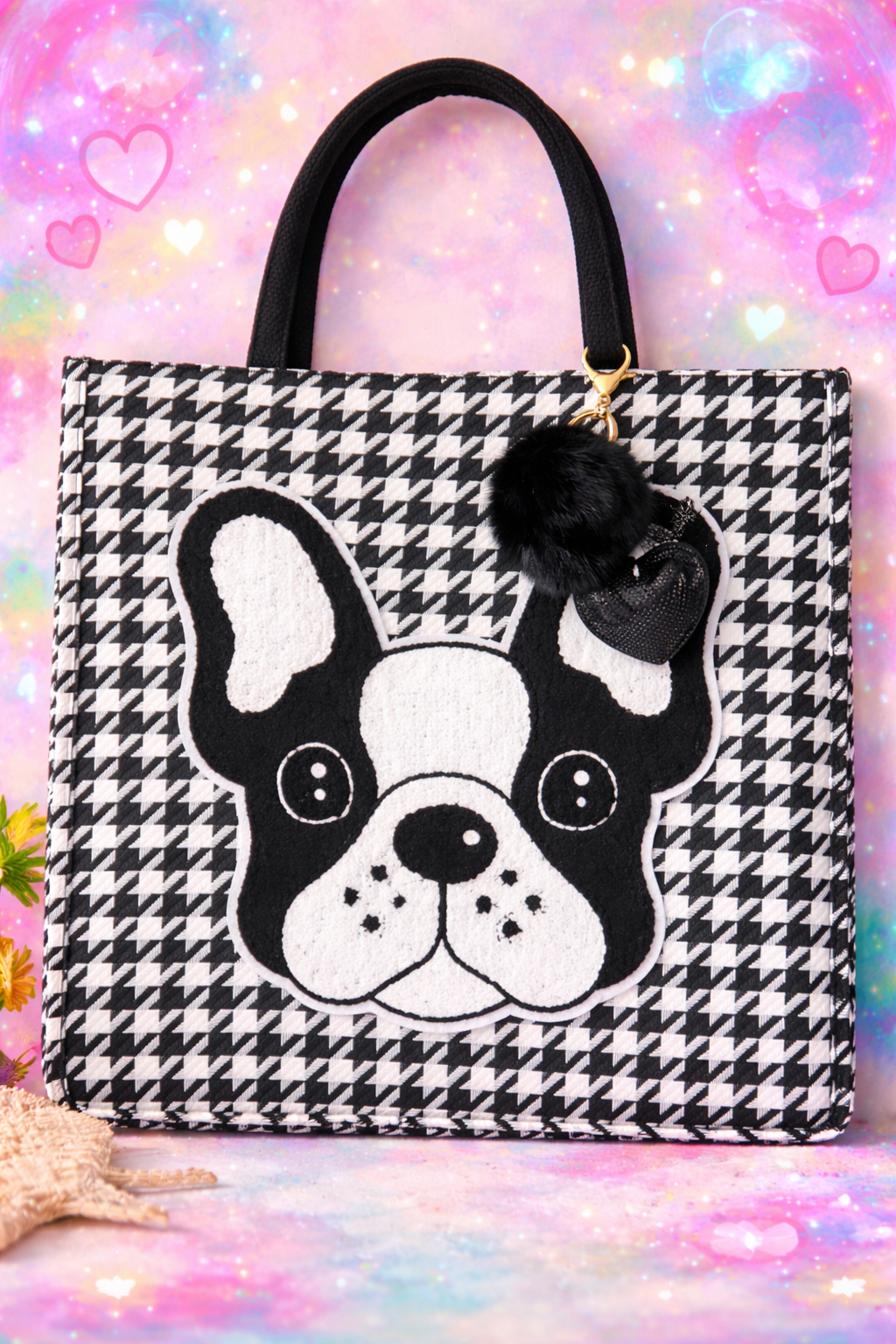 Houndstooth Plaid Tote Handbag with Boston Terrier Dog Patch
