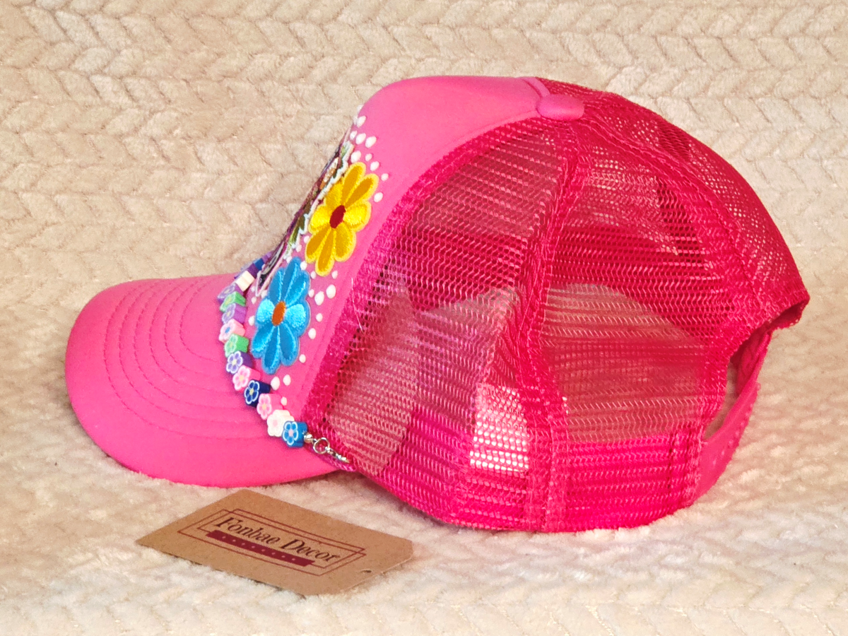 Pink Trucker Cap with Sun, Salt & Sand & Flower Patches