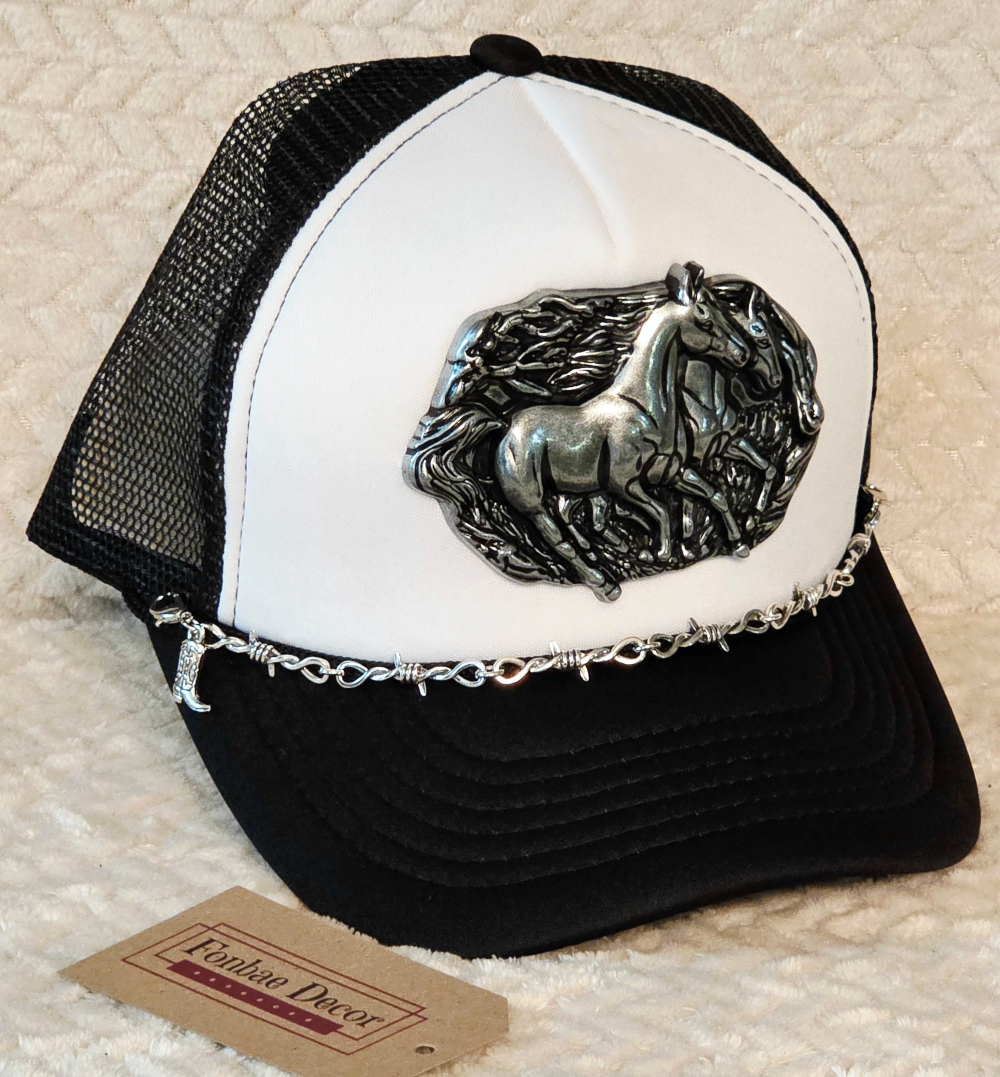 Black Trucker Cap with Ranch Horse Metal Artwork