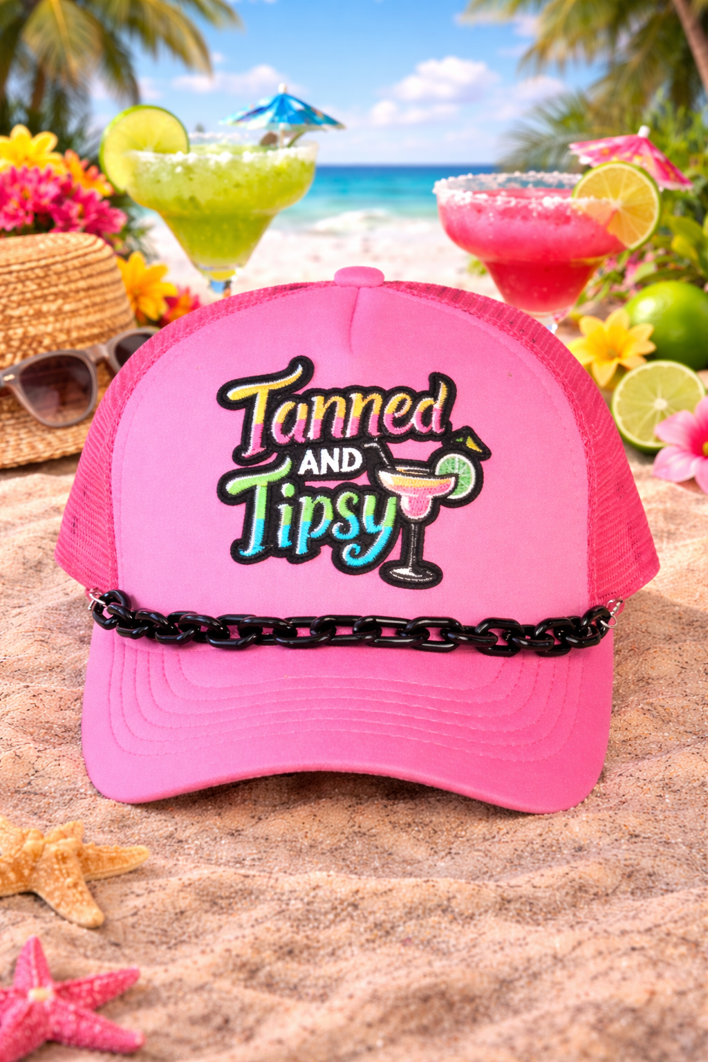 Tanned & Tipsy Pink Trucker Cap with Black Chain