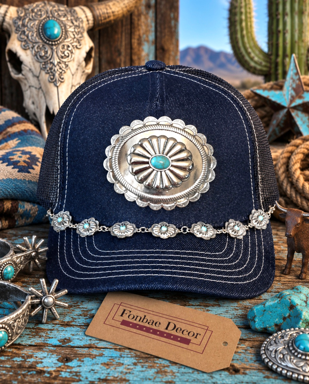 Western Turquoise Denim Trucker Cap