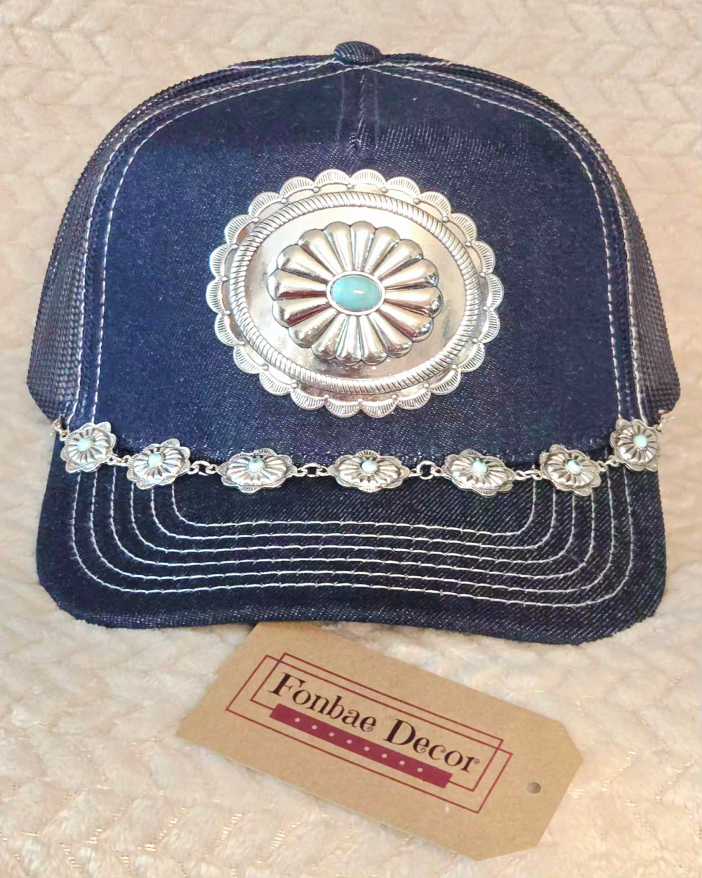 Western Turquoise Denim Trucker Cap