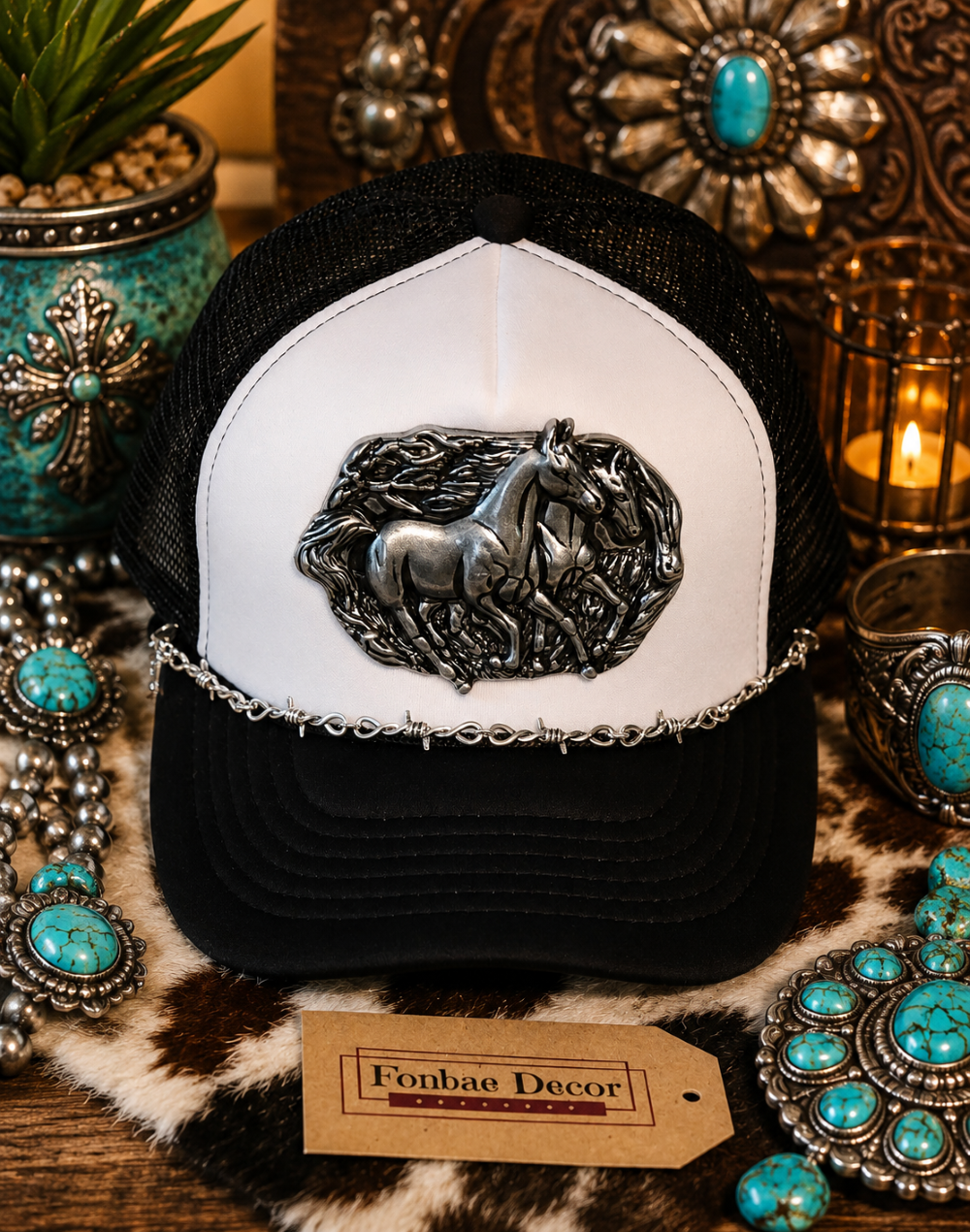 Black Trucker Cap with Ranch Horse Metal Artwork