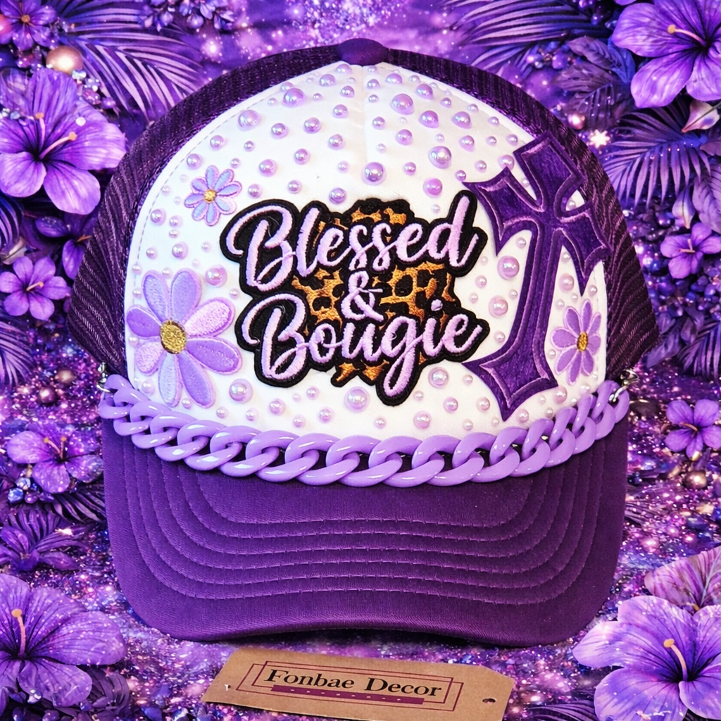 Purple Trucker Cap with Blessed and Bougie patch