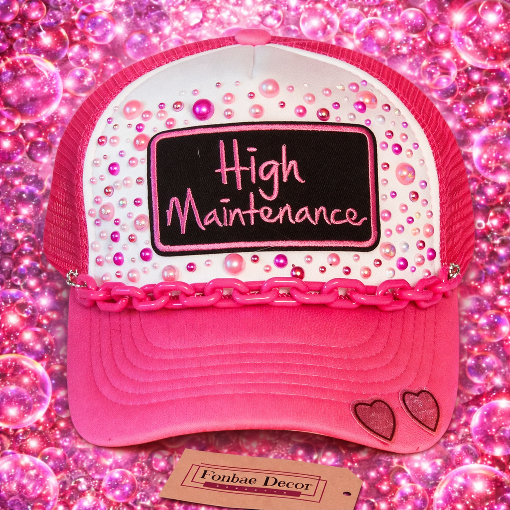 Pink High Maintenance Flatback Half Round Pearls Trucker Cap
